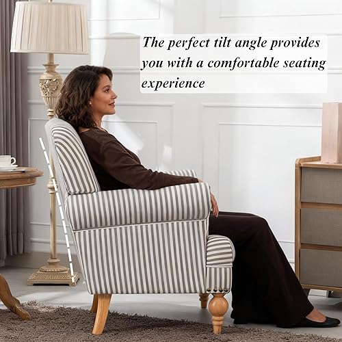 Miniatura 4 de Janoray Silla decorativa de lino de mediados de siglo moderna para sala de estar con ribete de cabeza de clavo y patas de madera, cómoda silla