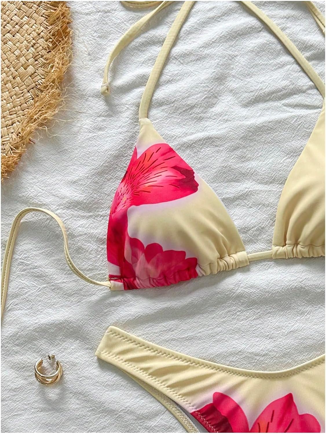 QJQ Women's 2 Pieces Floral Print Thong Bikini Set High Cut Halter Triangle Swimsuit Sexy Bathing Suits Swimwear - Image 2