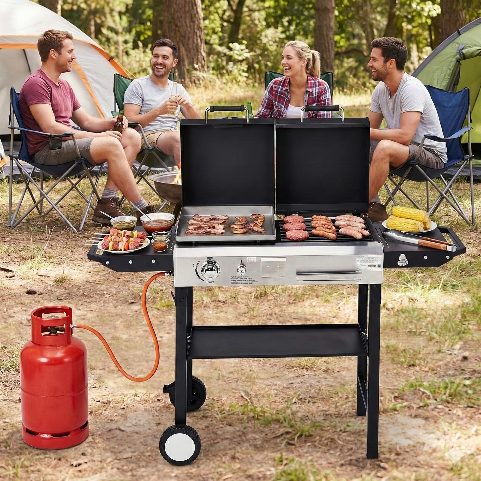 LEADZM Gasgrill 2-in-1 Gas- & Holzkohlegrill 4.5 kW - Ausgestattet mit einem 50-Mbar-Druckminderventil, Geeignet für Familienfeiern und Picknicks im Freien