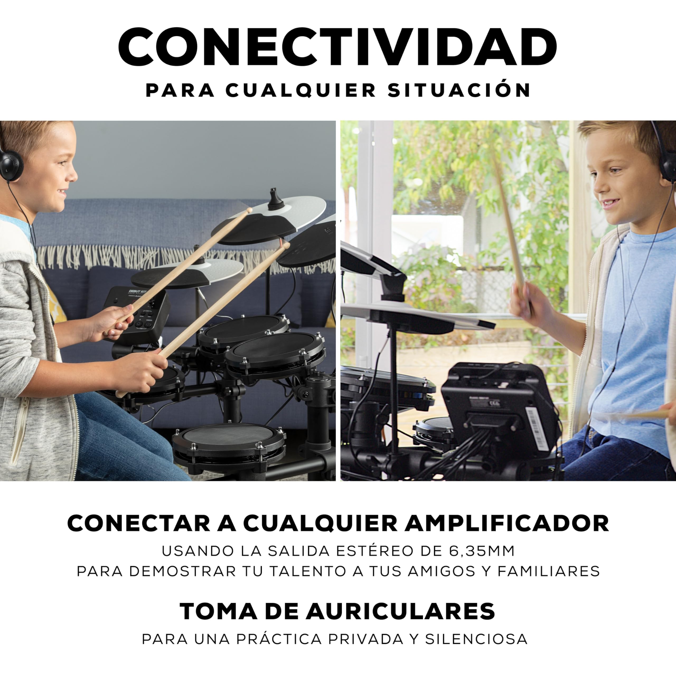 Alesis Debut Kit - Batería electrónica infantil con 4 parches de malla, 120 sonidos, 100 lecciones, taburete, baquetas, llave de batería y auriculares