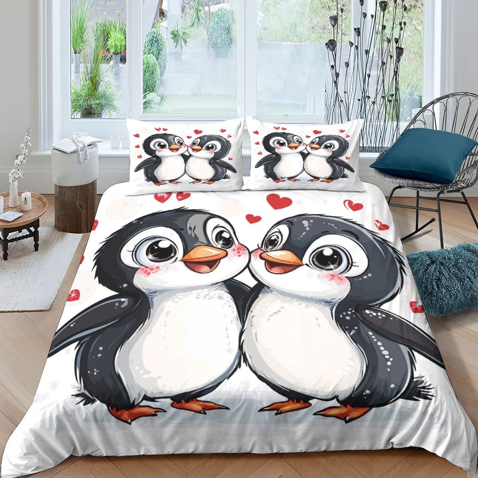 Niedliches Pärchen 3D Druck Bettbezug Mikrofaser Weiches Schlafzimmer Cartoon Pinguin Bettwäsche Set für Erwachsene Dekor Super King（260x220cm）