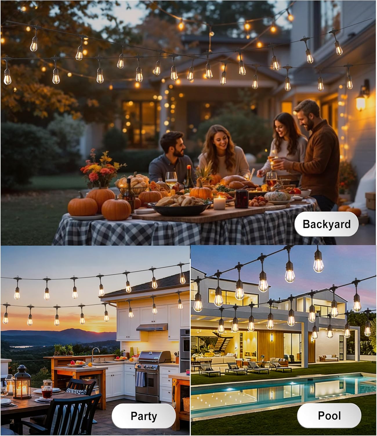 Outdoor String Lights LED 100FT Patio Lights with 32 Shatterproof S14 Dimmable Plastic Vintage Edison Bulbs and Commercial Grade Waterproof Strand Lights String for Porch Market Cafe String Lights