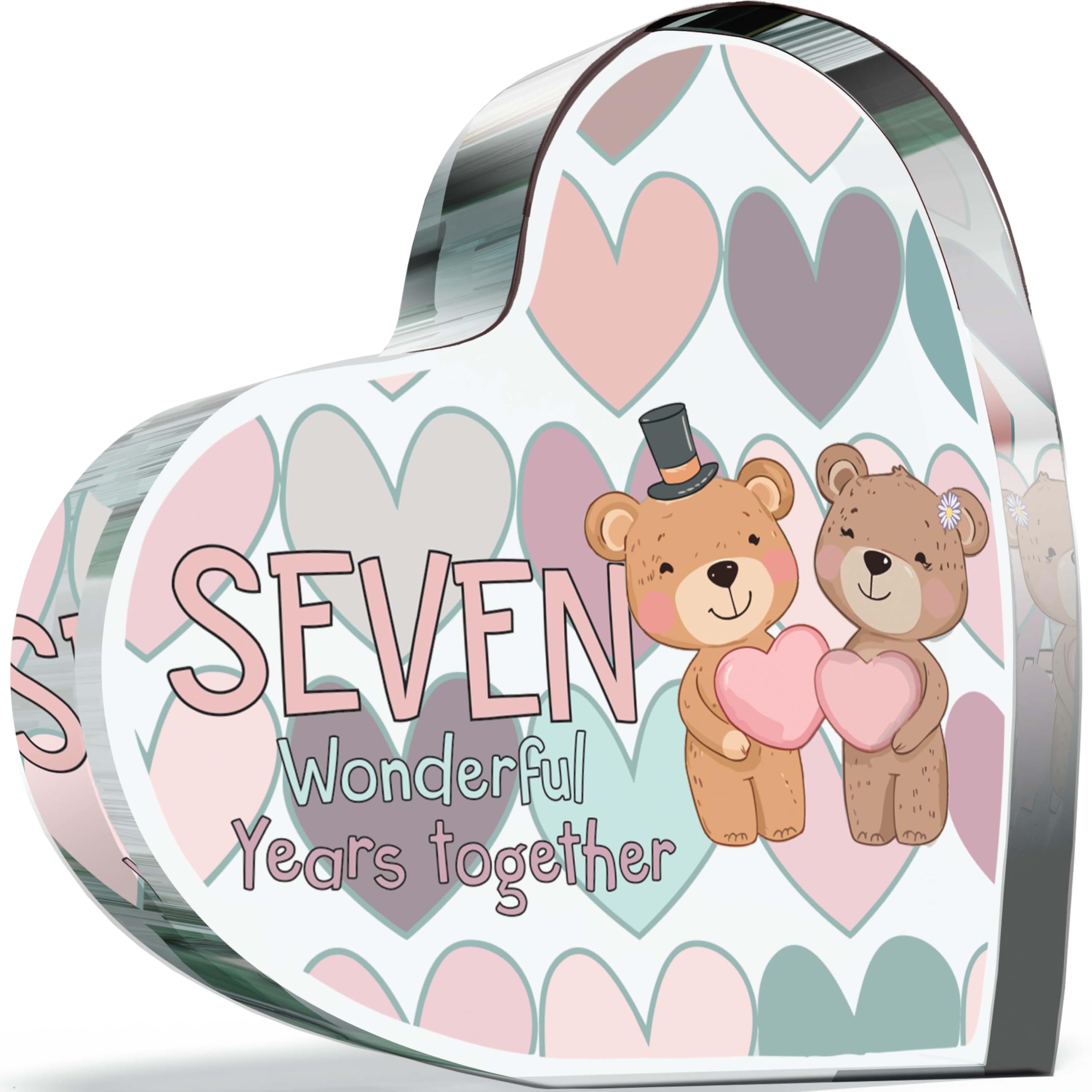 Giftzie Women's 07 7Th Anniversary Plaque Gifts For Wife Husband - 7 Wonderful Years - I Love You Romantic Acrylic Heart Gift For Men, 100Mm Cute Teddy Bears Present For Couples Seventh Anniversaries