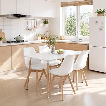 buybyroom White Small Dining Table for 4-6, 110 x 70 x 74cm, Small Rectangular Kitchen Table for Space Saving, Kitchen Home Restaurant, with Beech Wood Legs and Adjustable Anti-Scratch Foot Pads