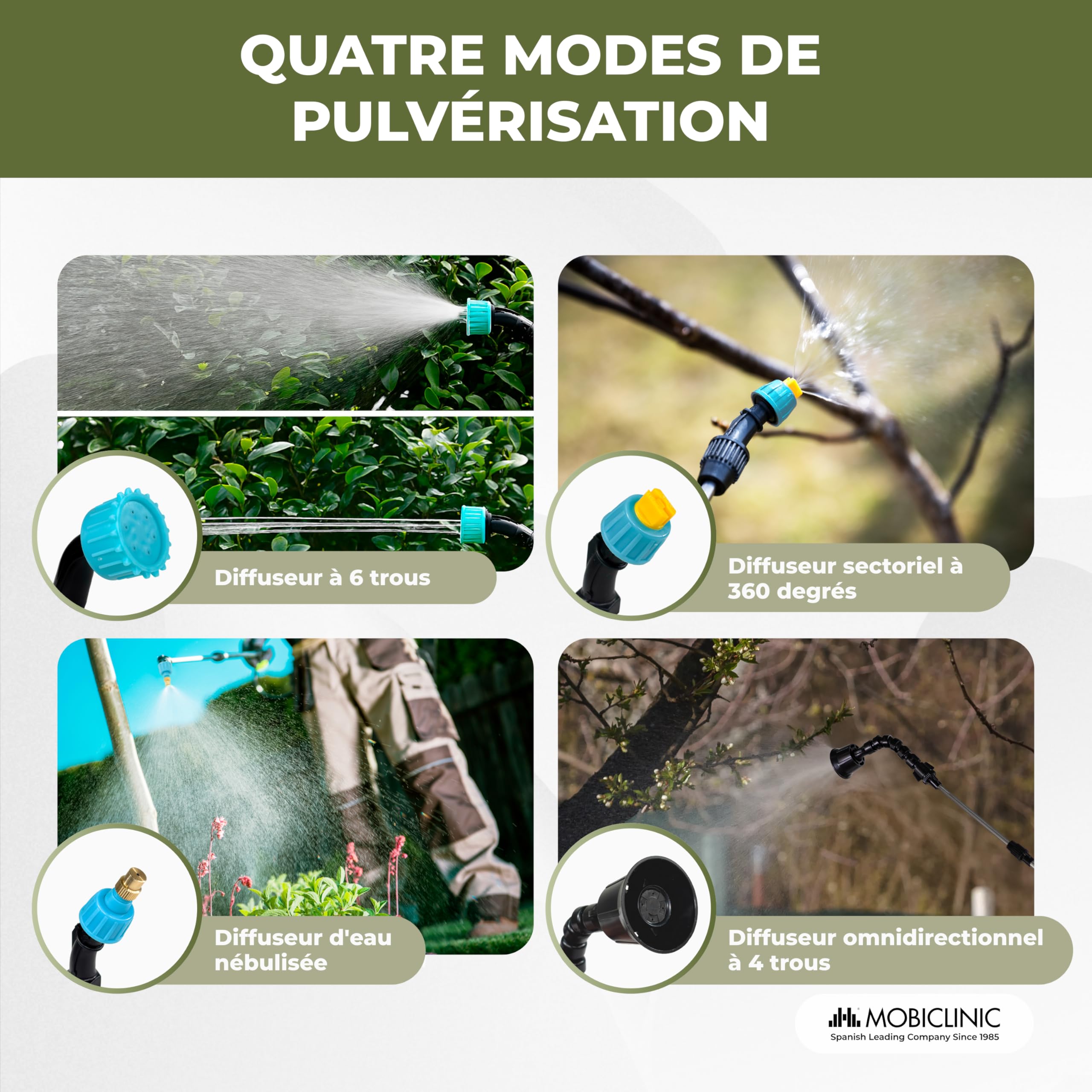 Mobiclinic®, Pulvérisateur Électrique, 3M, 4 Buses, 2 Réglages de Puissance, Autonomie de 2 à 3 h, Lance Extensible 60-85 cm, USB, Poignée Ergonomique, Irrigation et Nettoyage, Profumig