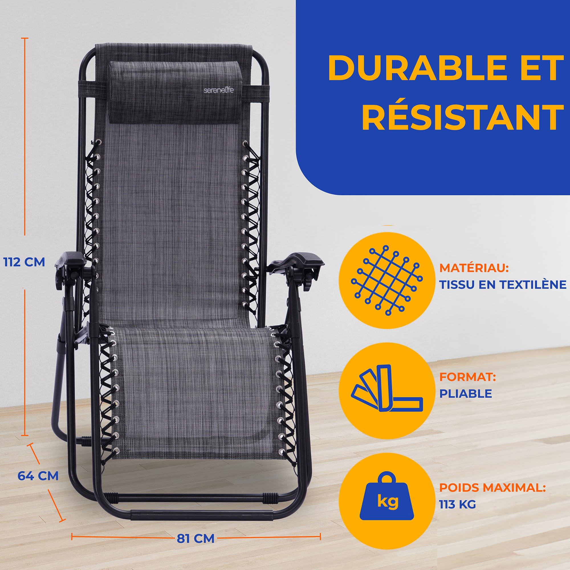 SereneLife Chaise Pliante - Chaise Longue Réglable Pour Extérieur