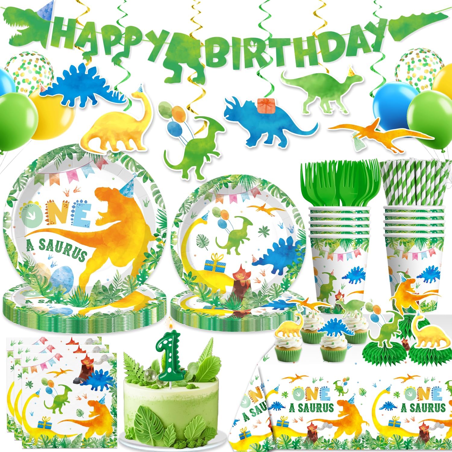 193pcs One A Saurus Birthday Decorations with Tableware Set, Banner, Hanging, Tablecloth, Cake Number Candle, Balloon, Centerpieces, for Dinosaur Birthday Decorations 1 Year Old Boy, Serves 25