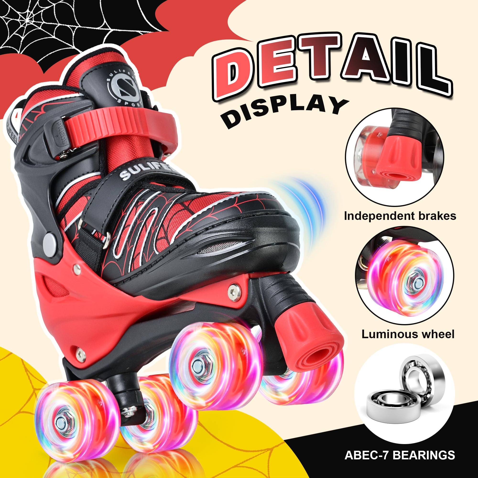 SULIFEEL Adjustable Kids Roller Skates for Boys Ages 3-5 5-8 6-12 with 4 Sizes Adjustable Light up Wheels, Best Children Gift for Beginners Indoor Outdoor Sports