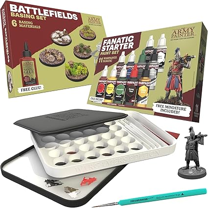 The Army Painter, Hobby Essentials Bundle - with Warpaints Fanatic Starter Set, Battlefield Basing Set, Wet Palette XL & 1 Dipit Brush - Perfect Miniature Painting Bundle for D&D and Warhammer