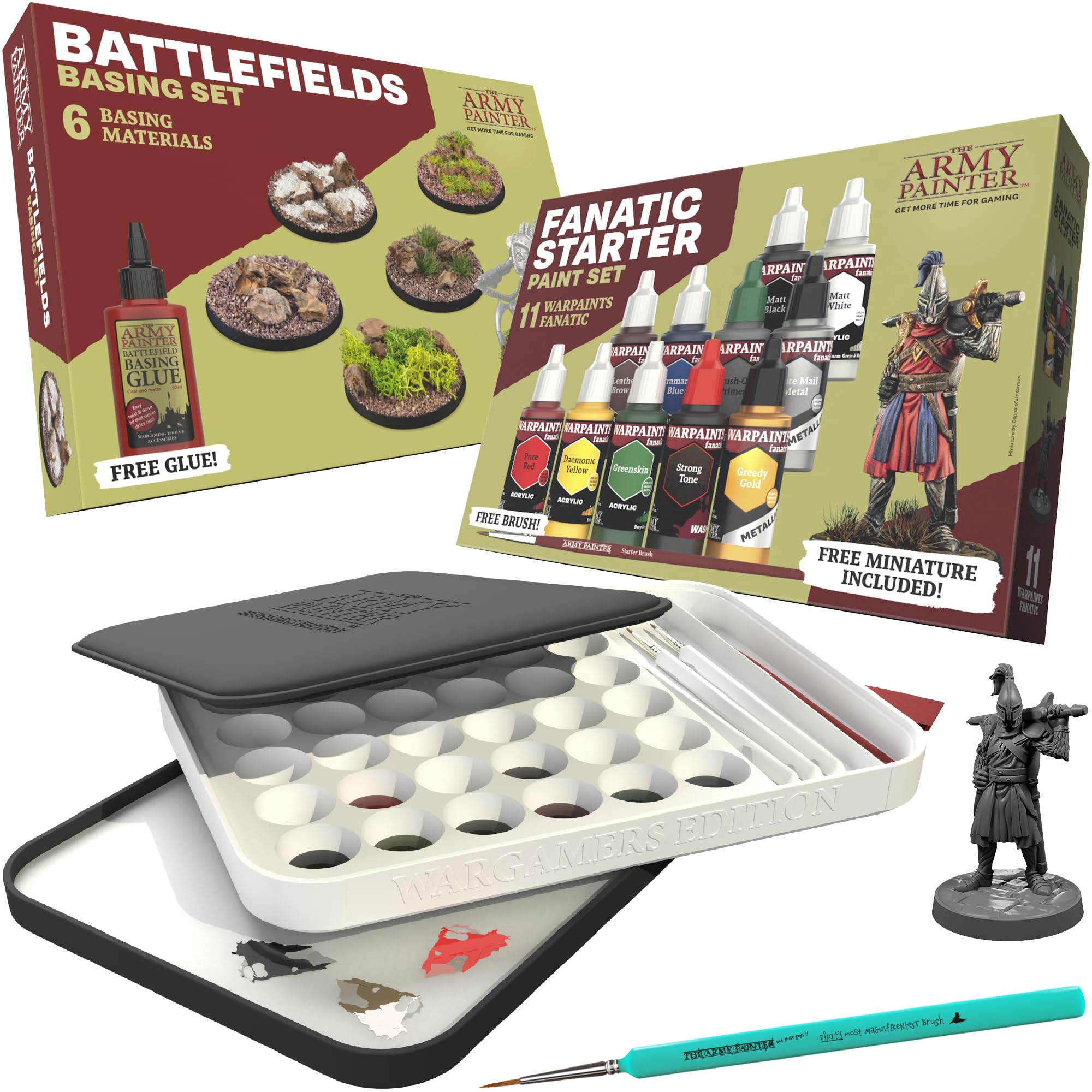 The Army Painter, Hobby Essentials Bundle U2013 Mit Warpaints Fanatic Starter Set, Battlefield Basing Set, Wet Palette XL & 1 Dipit Brush U2013 Perfektes Miniatur-Malset Für D&D Und Warhammer