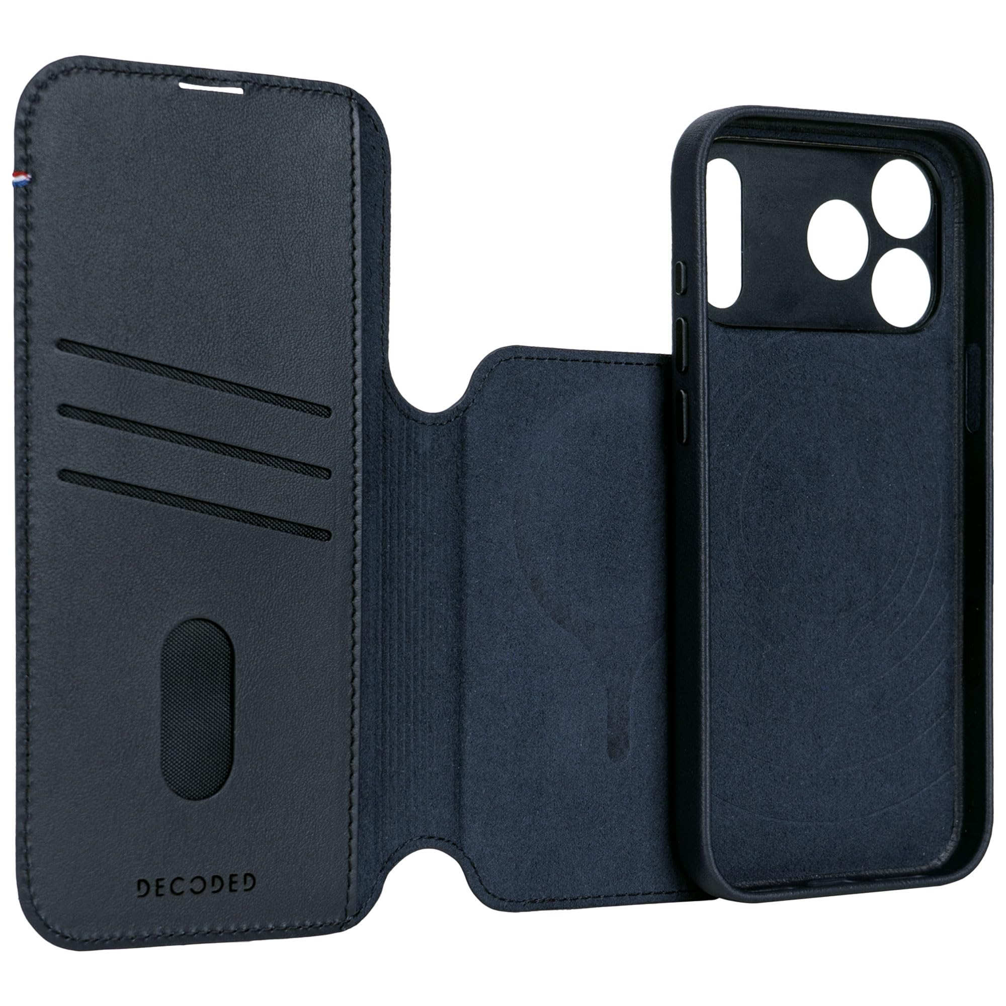 DECODED 2 w 1, skórzane etui do iPhone'a 17 Pro, zdejmowany portfel, wysokiej jakości skóra ECCO, kompatybilne z Magsafe, ochrona przed upadkiem, odporne na zarysowania, metalowe guziki, niebieskie