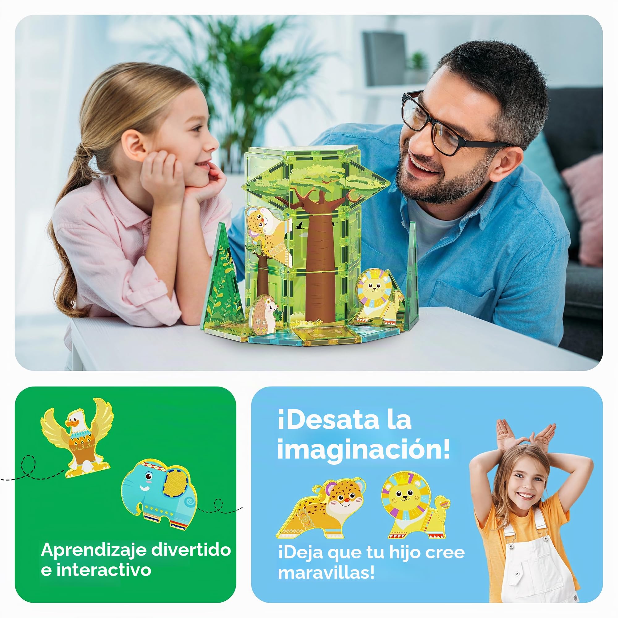 PicassoTiles Bloque de construcción de Azulejos magnéticos con temática de Safari, Juego con 8 Figuras de acción de Animales magnéticos compatibles Blocks Toddler Creativity Toys Steam Educational