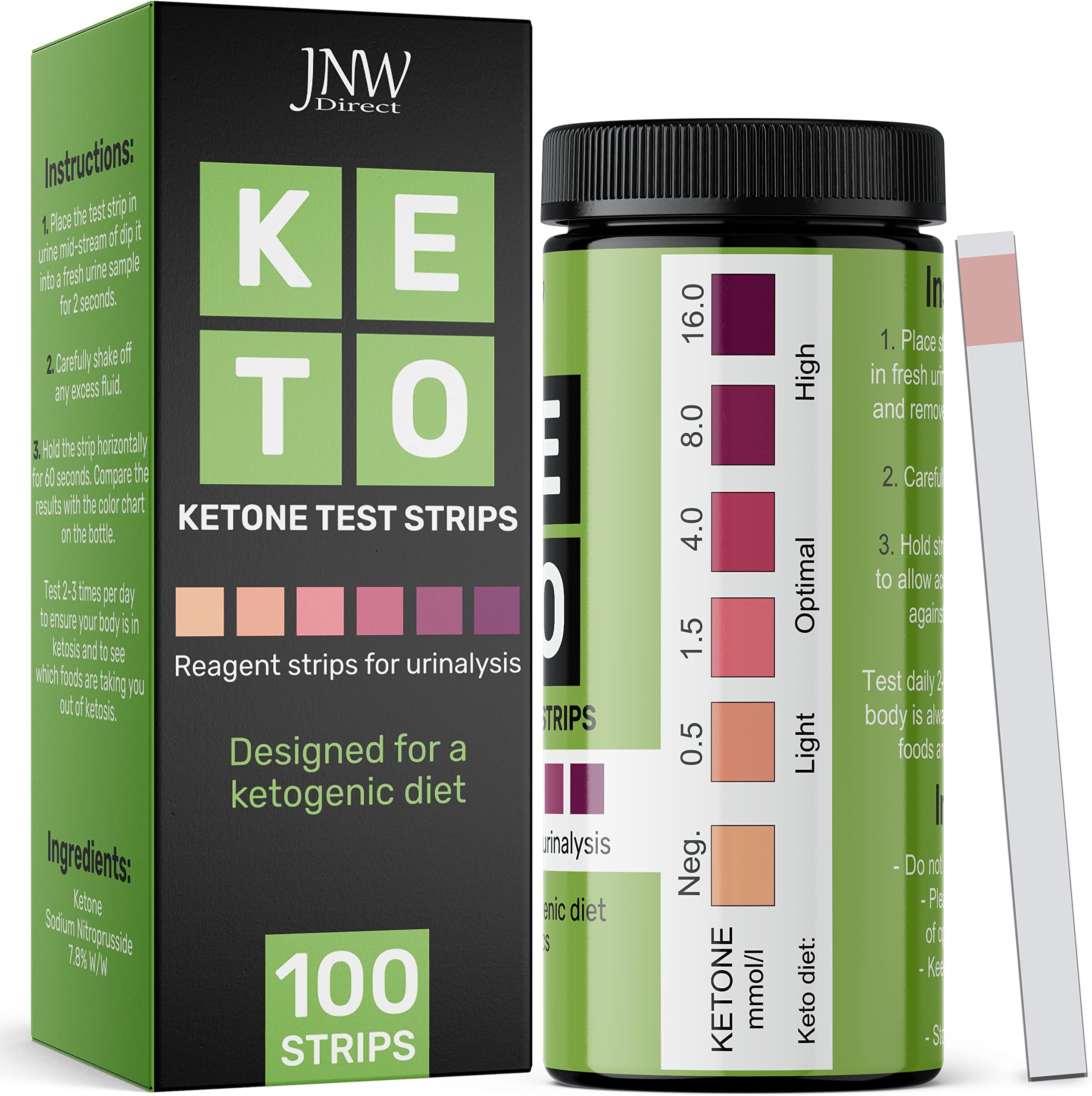 Ketone Test Strips, 100 Keto Test Strips for Keto, Low Carb Diet - Urine Test Strips, Ketosis Test Strips Urine, Keto Strips, Ketone Urinalysis Test Strips, Ketones Test Kit - Free eBook - JNW Direct