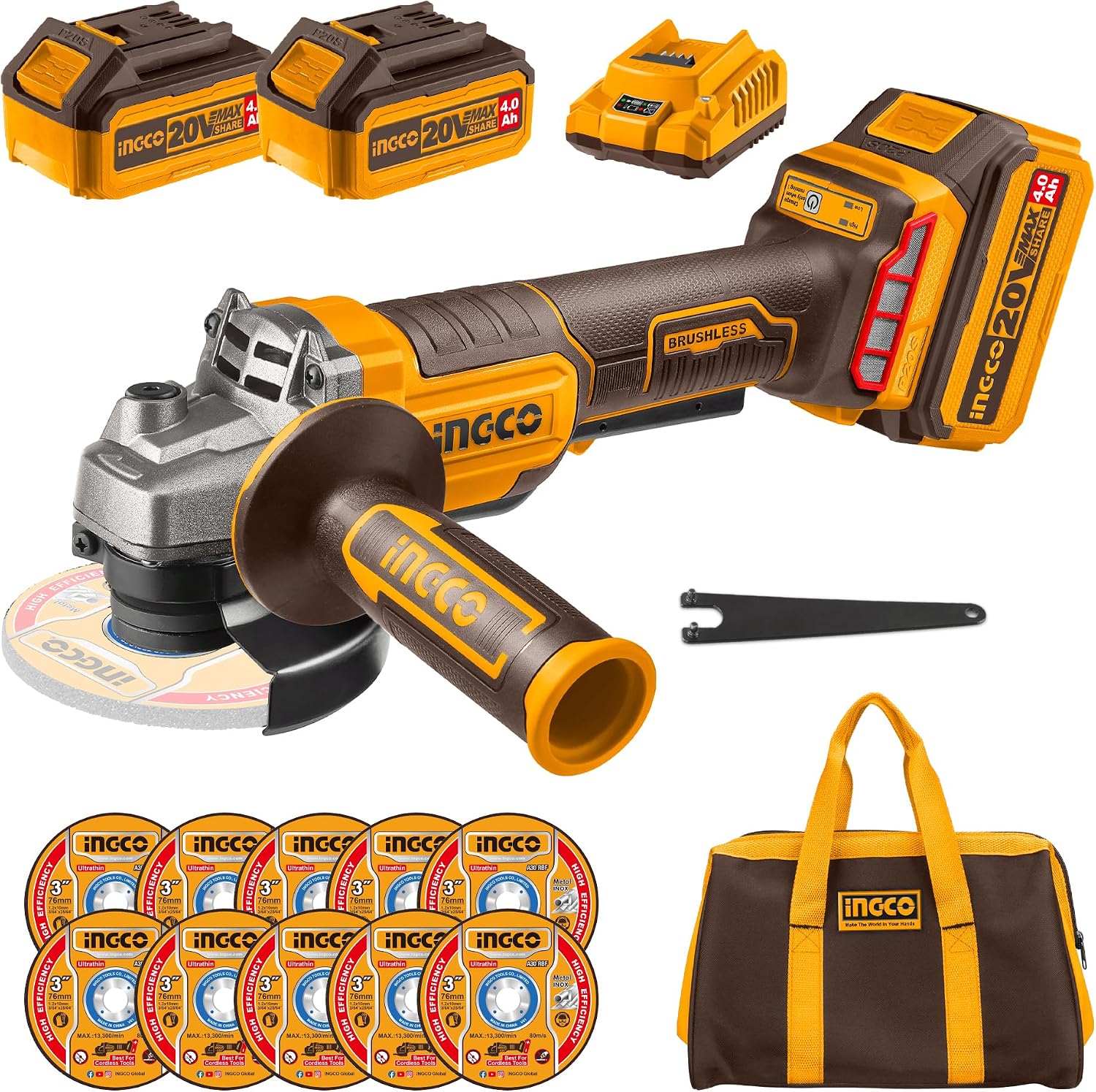 Grender Incco INGCO Cordless Angle Grinder 20V Brushless Grinder 125mm 8500RPM for ...