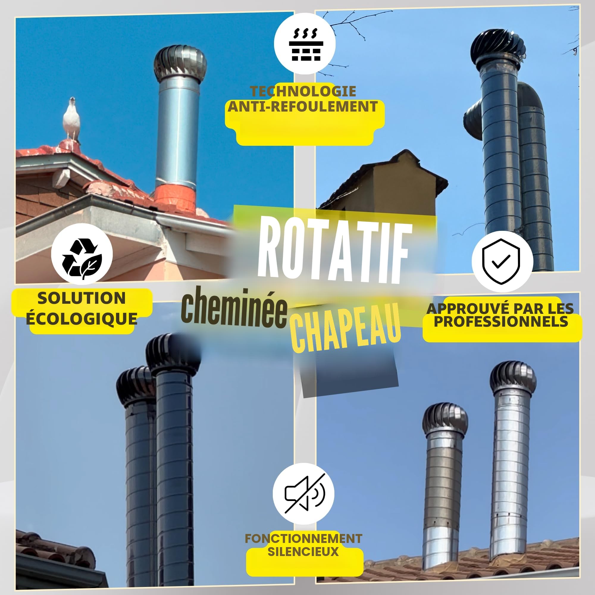 Extracteur de Fumées Rotatif Éolien Ø150 mm – Chapeau de Cheminée Anti-Refoulement – Casquette Rotative Anti-Pluie pour Conduits – Base Ronde – SUNIFY