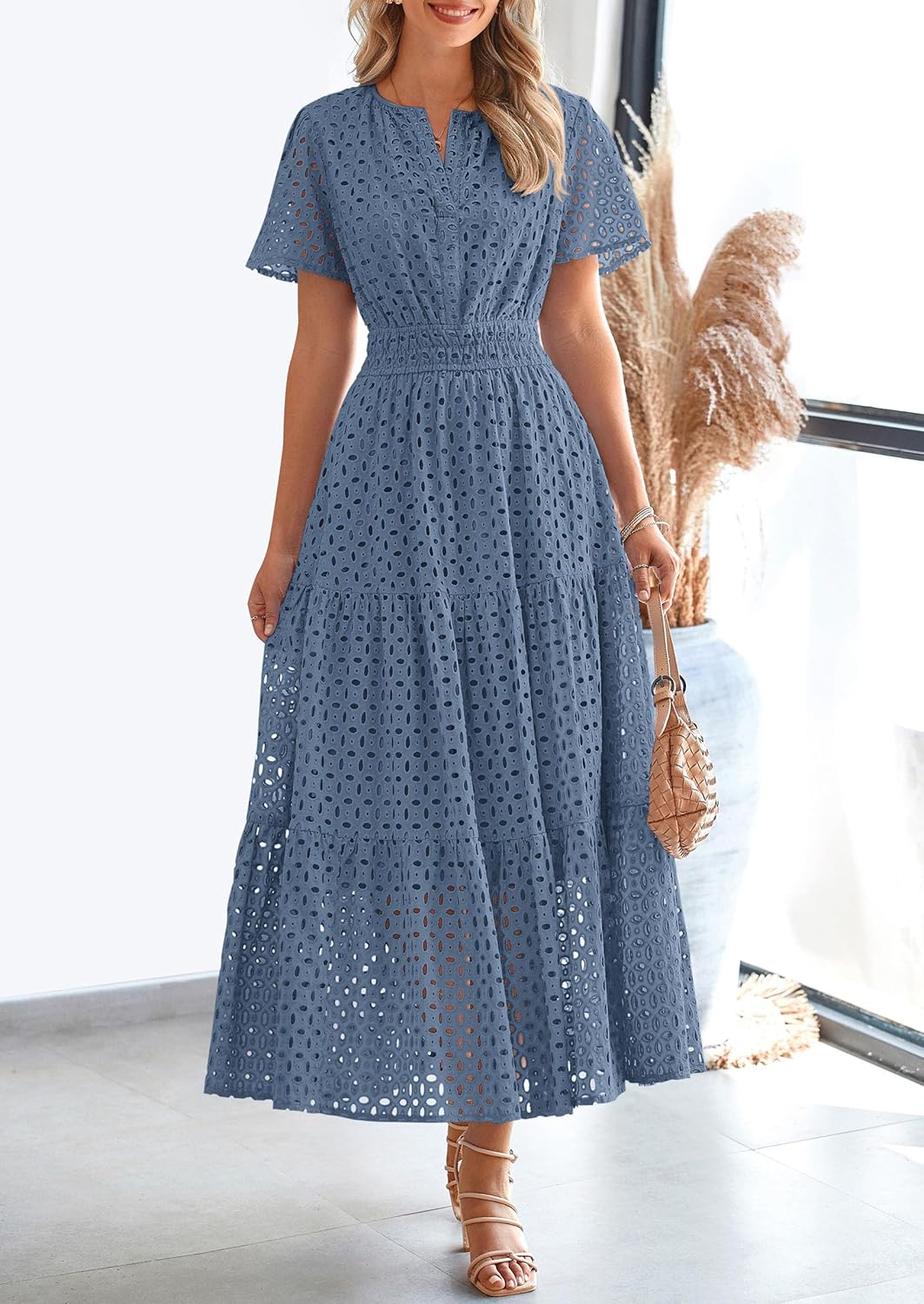 PRETTYGARDEN Womens 2026 Summer Maxi Dress Short Sleeve V Neck Hollow Out Eyelet A Line Long Flowy Beach Vacation Dresses thumbnail