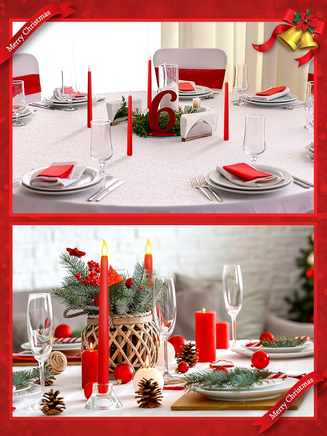 Funtery 48 Pcs Flameless LED Taper Candles Battery Operated Candles Bulk Realistic LED Candlesticks Flickering for Wedding Church Graduation Party Home Decor(Red,Classic Style)