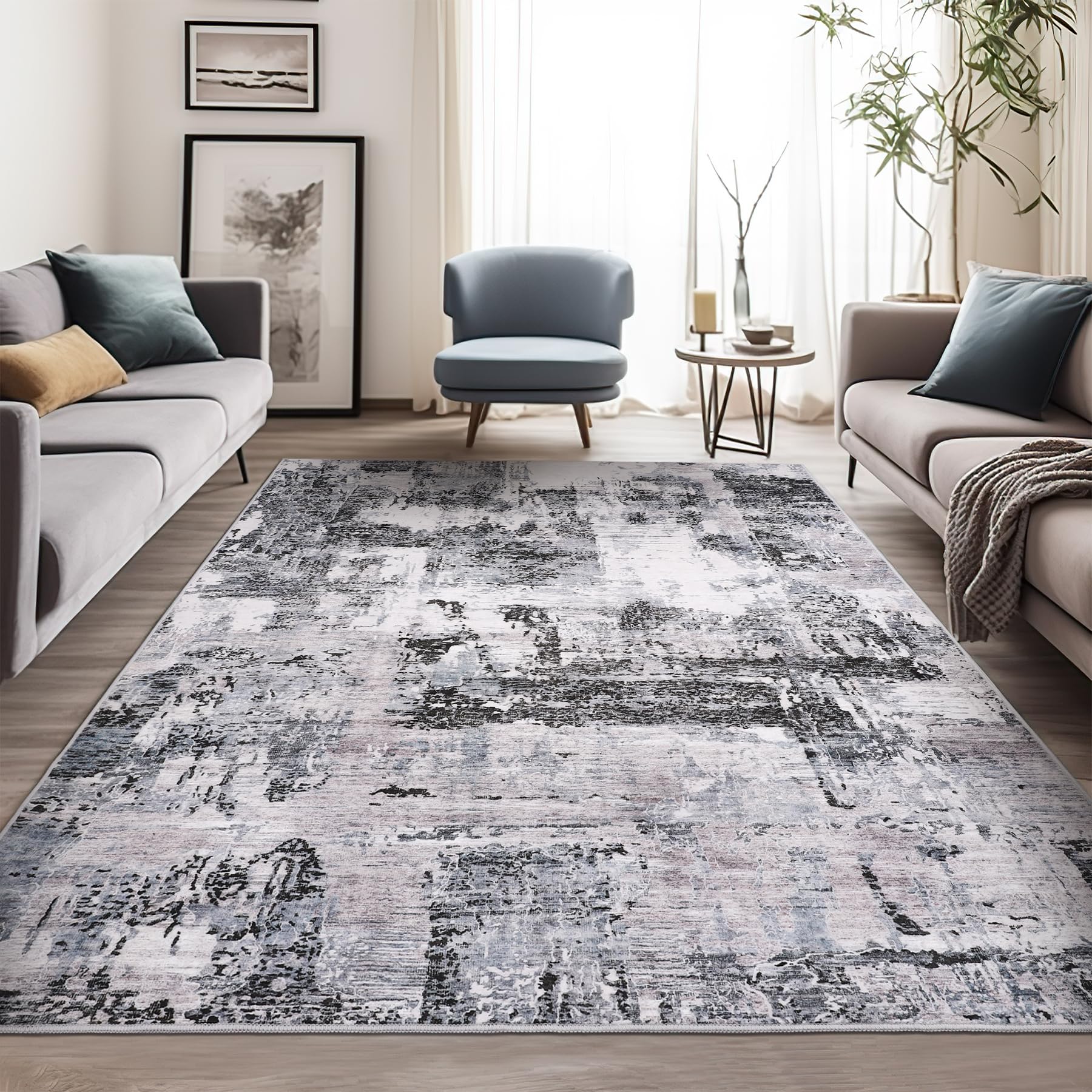 Miukiki 8x10 Area Rugs, Area Rug with Non-Slip Backing, Modern Abstract Machine Washable Rugs, Foldable Low Pile Rug for Living Room (Blue/Grey, 8'x10')