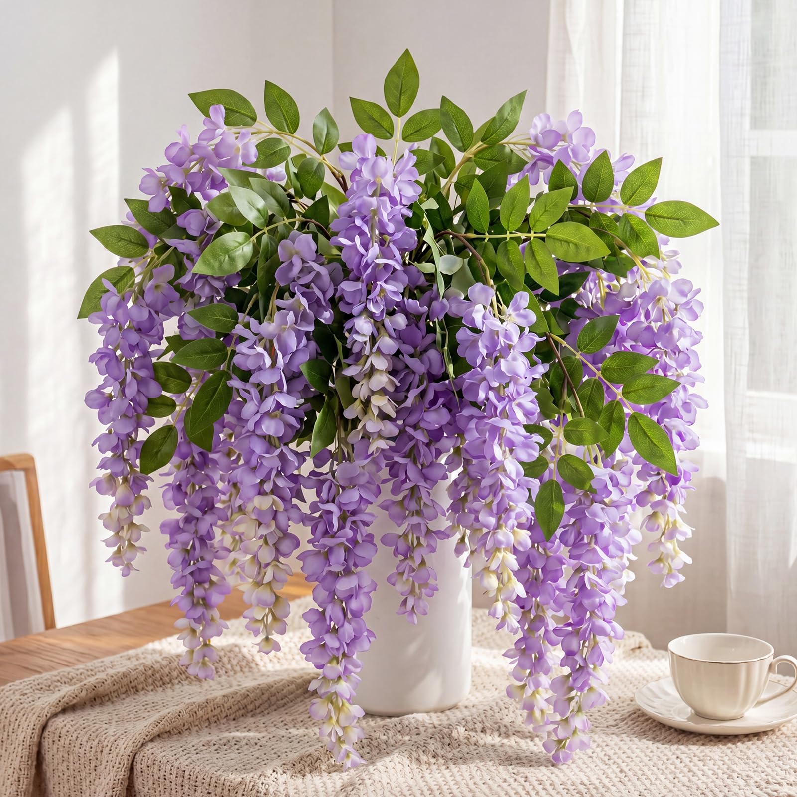 Photo 1 of Rivvlive 6 Pcs 47.2 Inch Purple Artificial Wisteria Hanging Flowers, Fake Silk Wisteria Floral Garland, Faux Cassia Fistula Flower Stems for Home Party Decoration Vase Balcony Wedding Arrangement