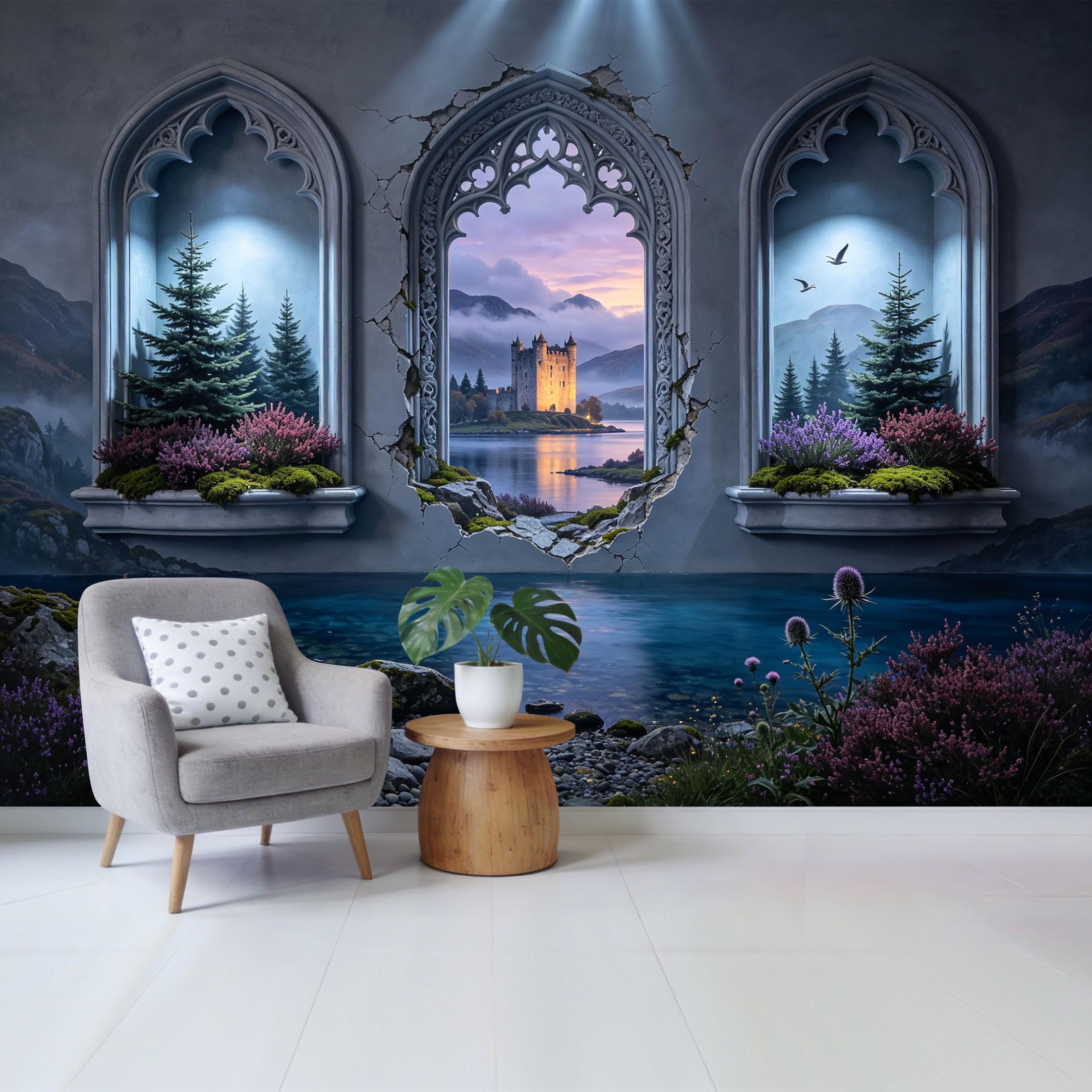 Custom Size Wall Mural Medieval Castle Lake View 3D Trompe L'Oeil Landscape Removable Self Adhesive Fabric Home Wall Decor for Living Room Bedroom Bathroom