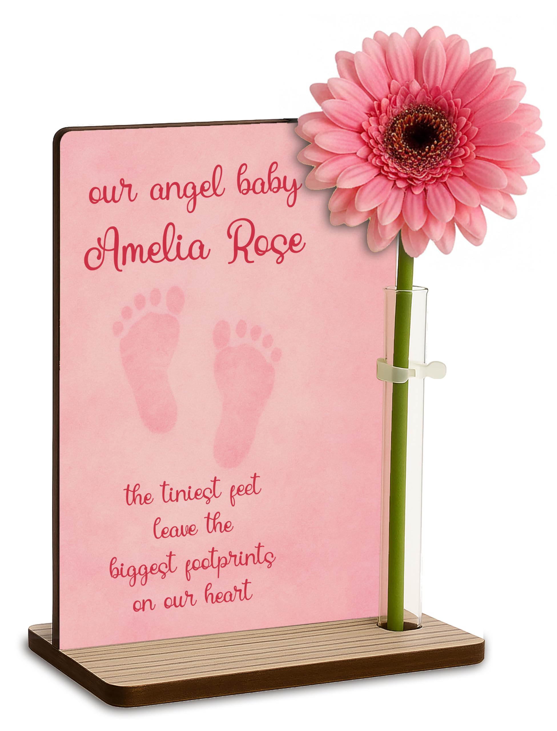 The Plum Penguin Tiny Feet (Pink) Personalised Baby Loss Memorial Wooden Plaque With Artificial Flower Miscarriage Remembrance Angel Baby Keepsake Ornament Gift (Tiny Feet (Pink))