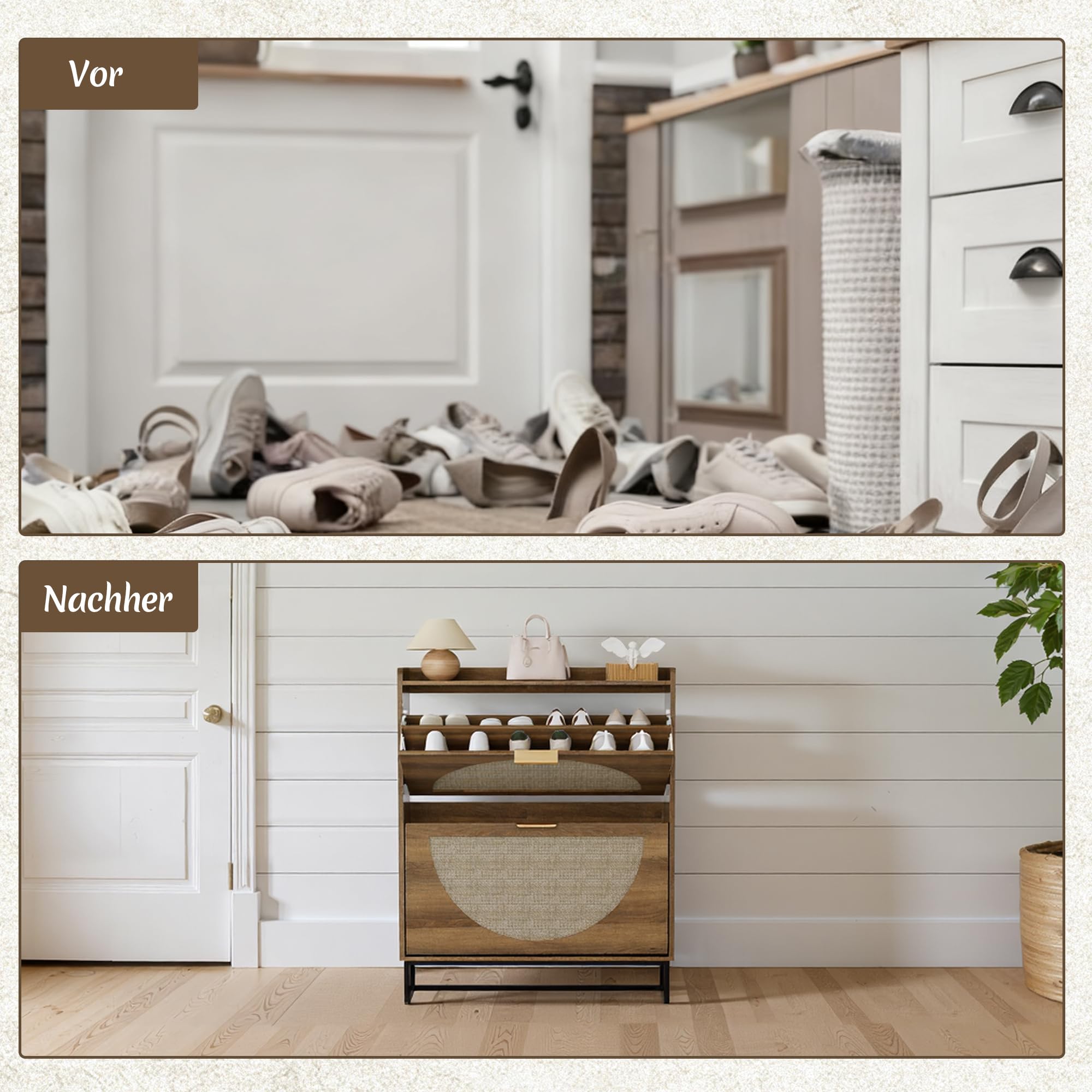 BonVache Schuhkommode mit 2 Schubladen, Rattan Design Schuhschrank Schmal Holz Für Flur, Schuhaufbewahrung mit Metallbeinen, Schuhorganizer für Eingangsbereich, Wohnzimmer, Schlafzimmer, 80x24x101cm