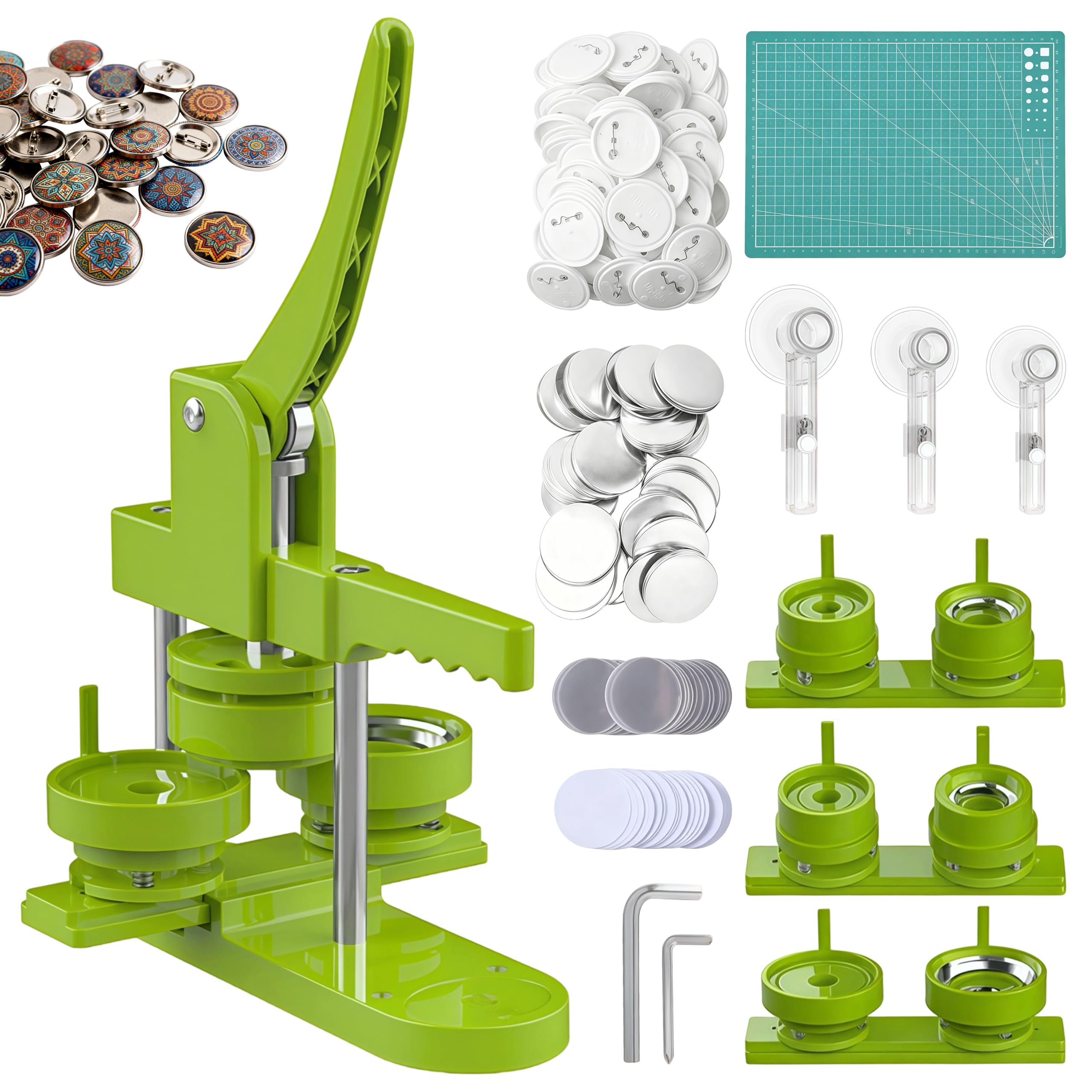 Macchina per bottoni da 25 + 32 + 58 mm, con 300 pezzi di bottoni e taglierina circolare e tappetino da taglio, fai da te, per fai da te, feste e regali