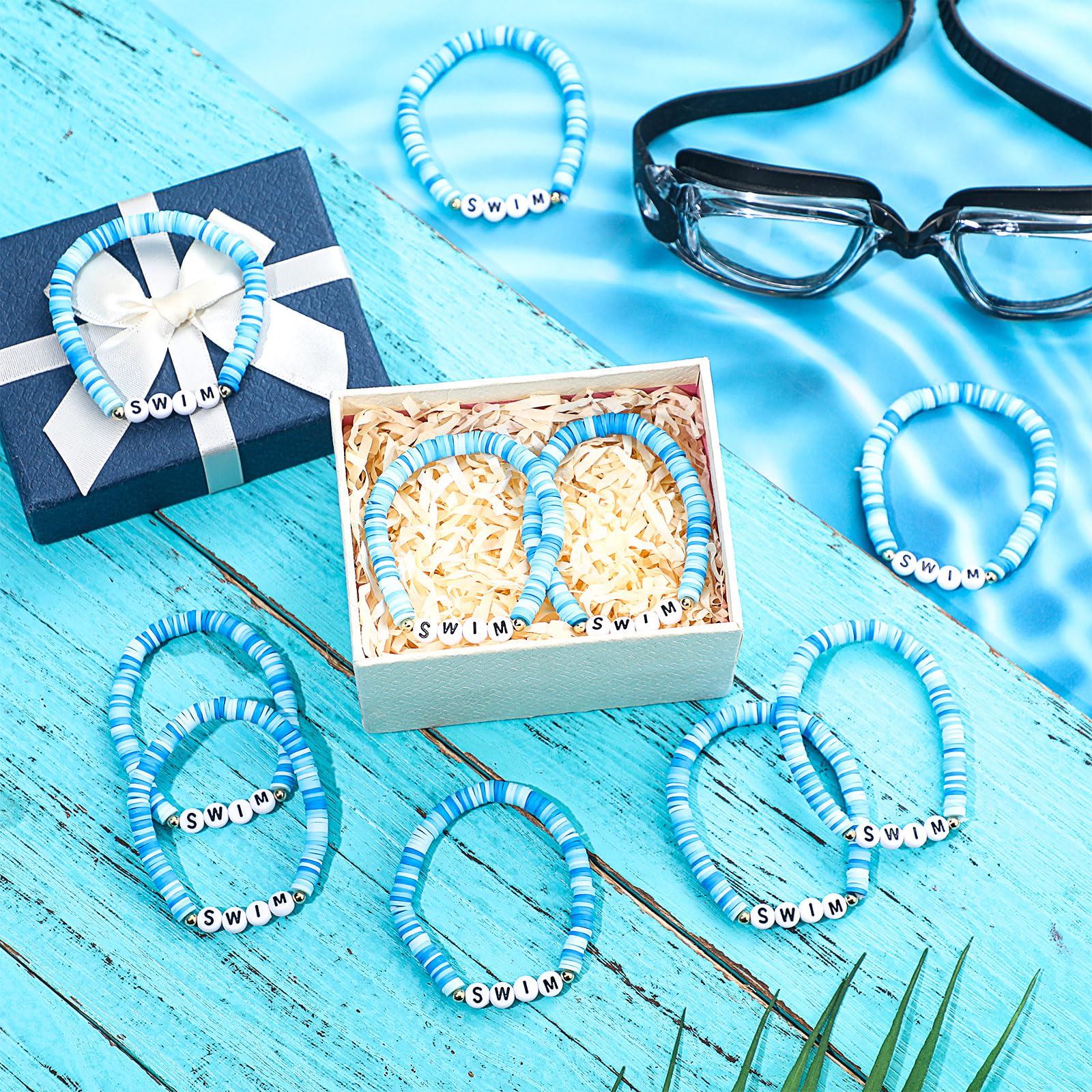 Tondiamo 24 Pcs Swim Bracelet Gifts Bulk, Swimmer clay beaded bracelet Charm Gifts for Teen Swim Accessories for Team Coach Teen Swimmer Team Kids Party Favors