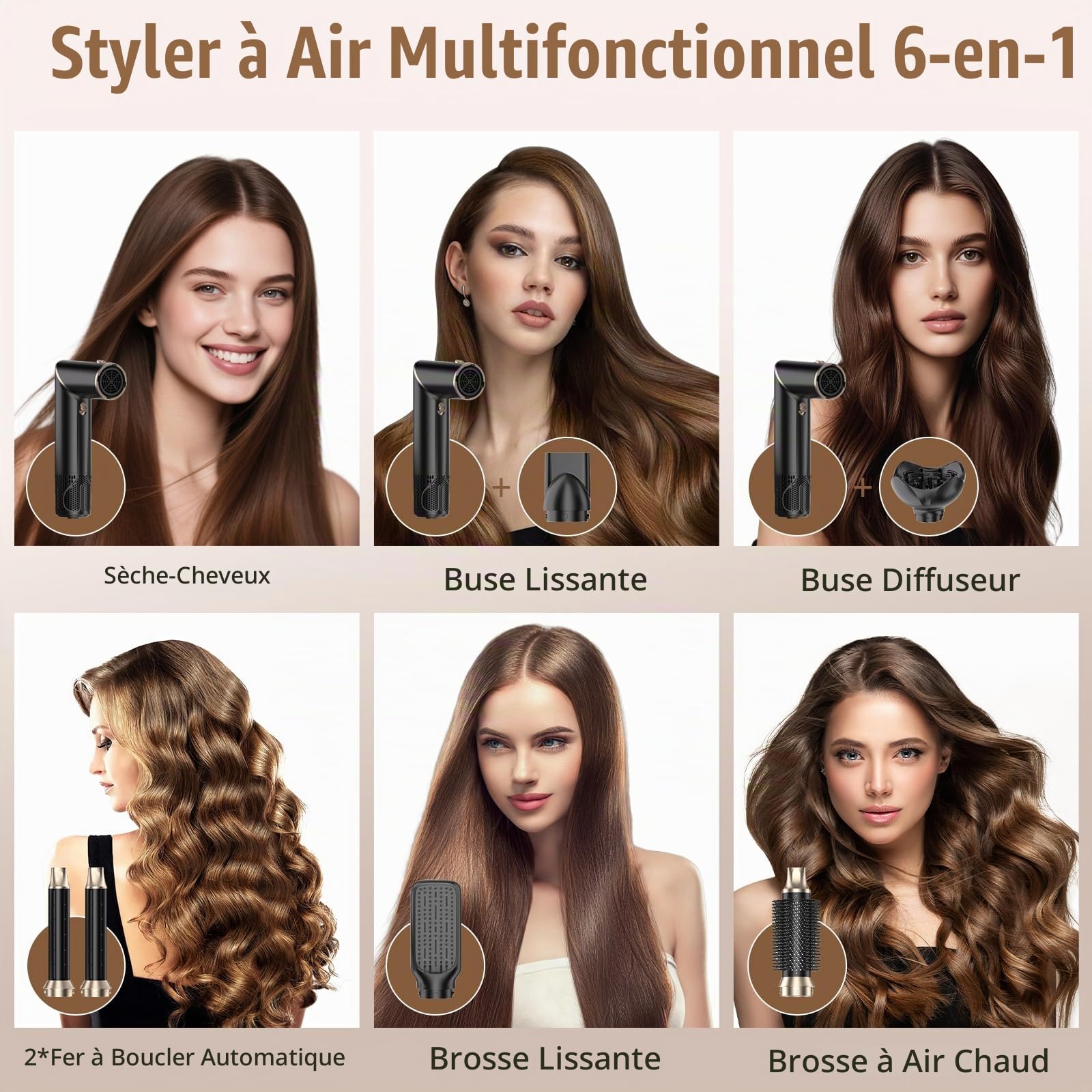 Air Styler 1000W, Brosse Soufflante Pliable, Seche Cheveux Ionique, Brosse Lissante, Fer a Boucler, Brosse Chauffante, 3 Température, Thermal Brush pour Tous Types de Cheveux