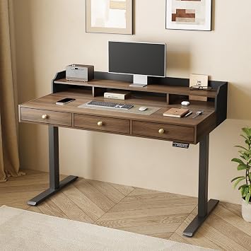 ModernMate Standing Desk with 3 Drawers, 47.2 x 26 Inches Height Adjustable Desk with Monitor Shelf, Electric Stand Up Table with Storage for Home and Office, Black Walnut