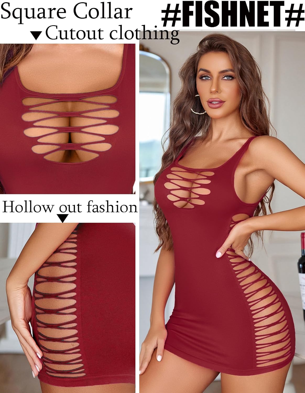 Avidlove Womens Lingerie Fishnet Badydoll Hollow Out Dresses Square Neck Bodycon Cut-out Party Dress - Image 8