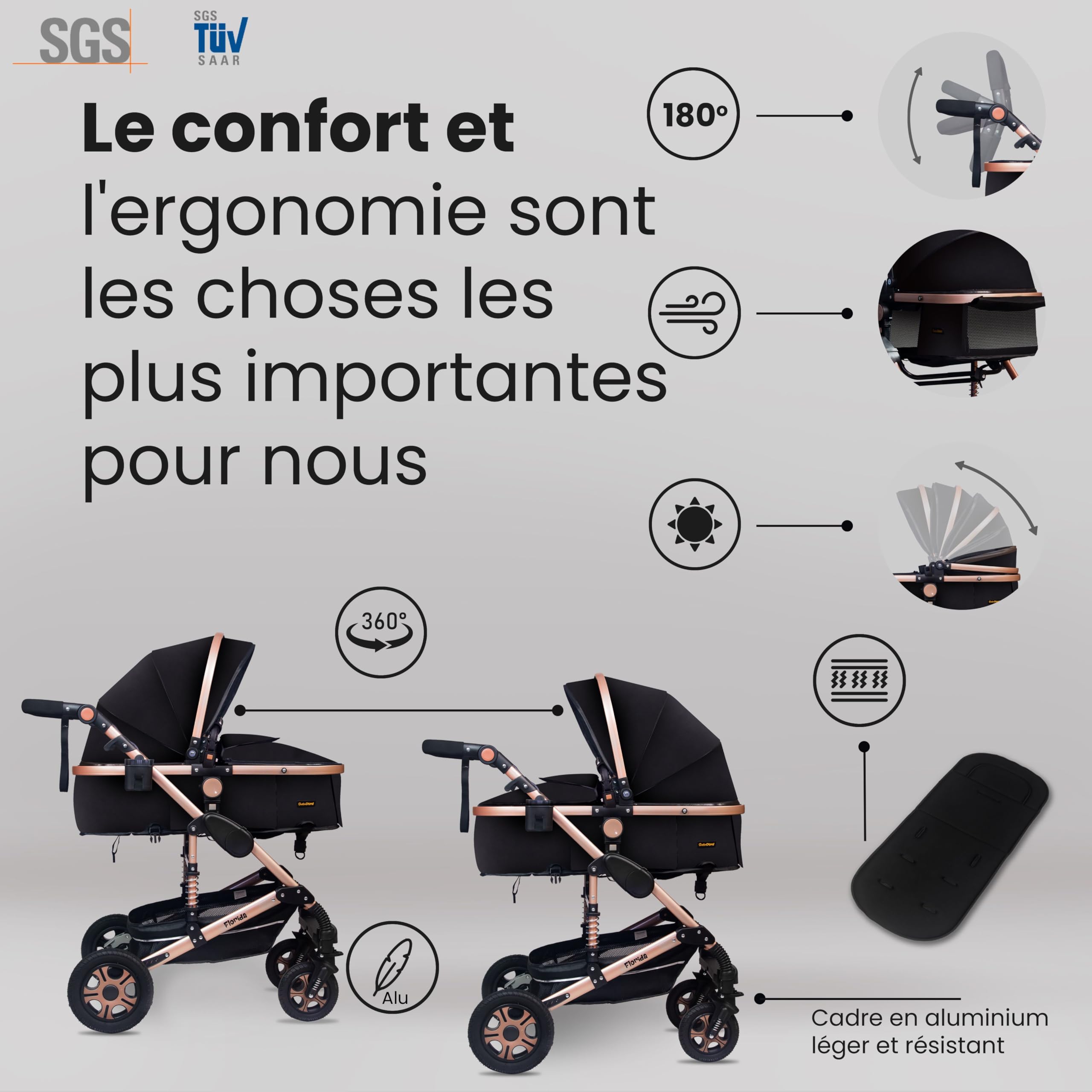 GaGaDumi Florida poussette 3 en 1 set complet avec siège auto - Baby Stroller 3en1 TÜV - poussette combinée 3 en 1 set complet pneus pleins en caoutchouc - sac à langer Noir/Noir