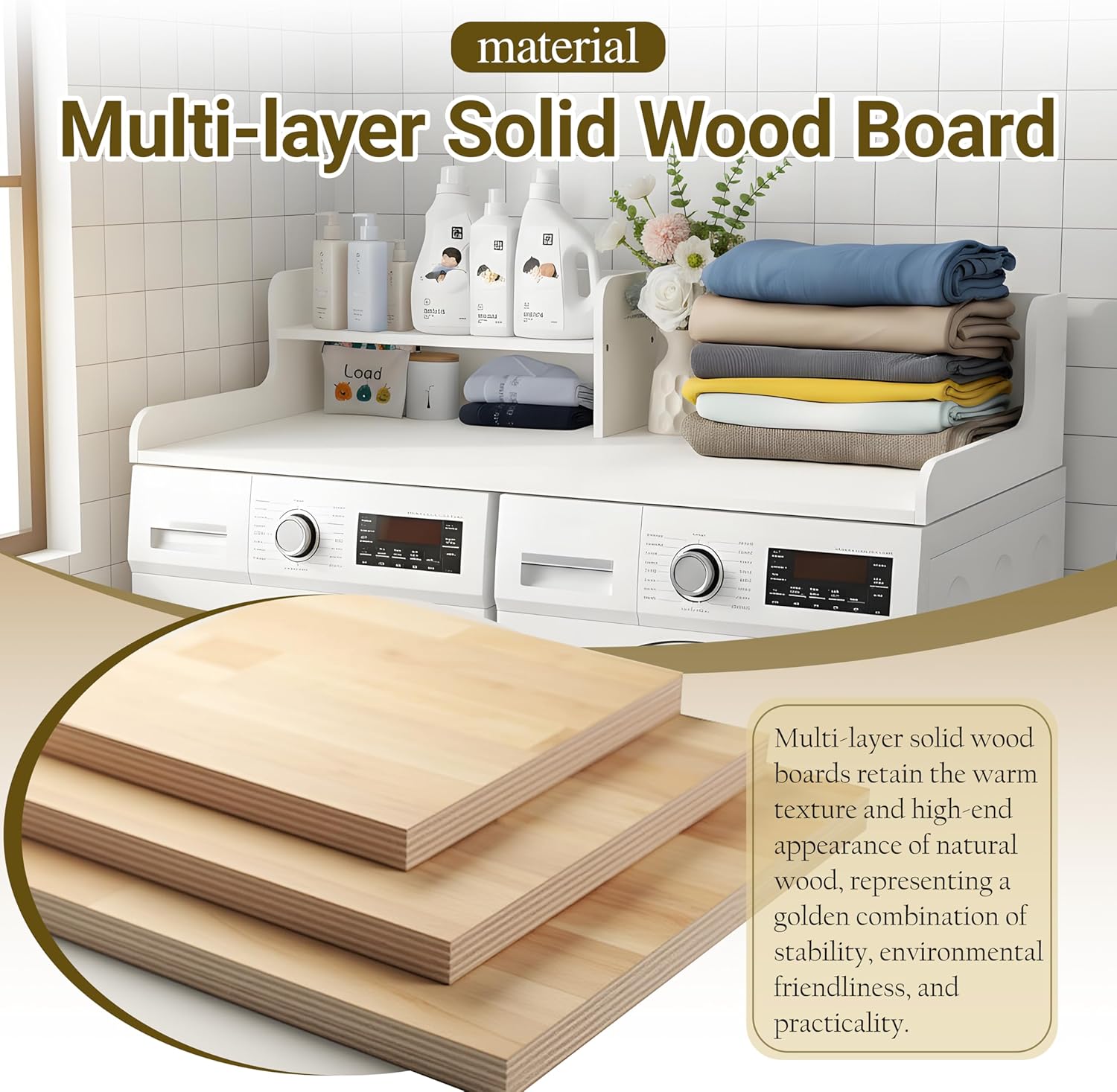 Washer Dryer Countertop with Shelf, 2 Tier Laundry Countertop Organizer, Wooden Washer and Dryer Topper with Raised Edge for Folding, Sorting & Storage White 28" D x 58" W x 12" H