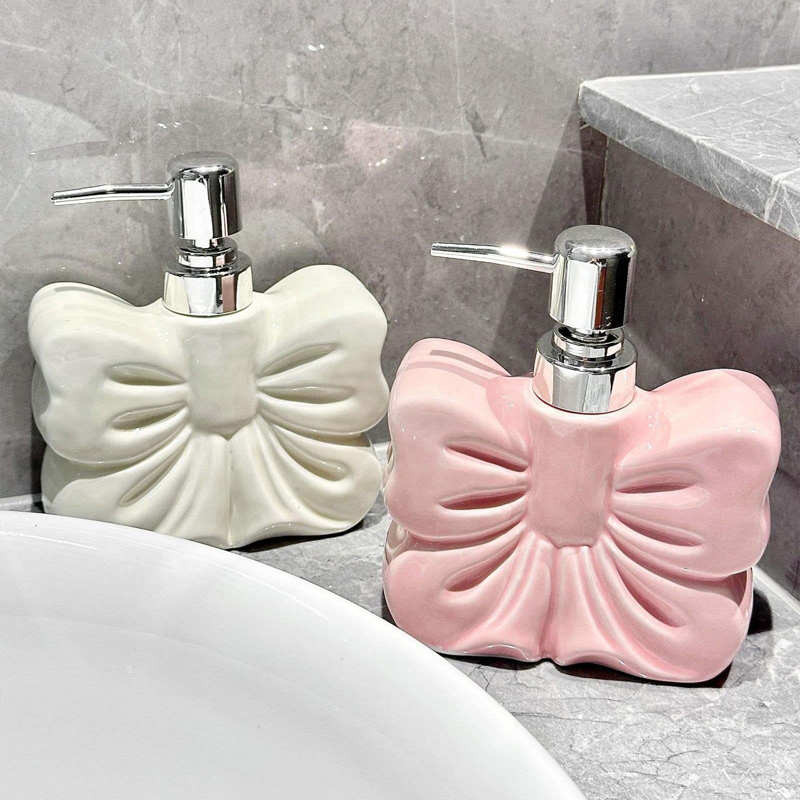 Bow Lotion Dispenser Decorative Cute with Pump for Lotion Dish Soap Bathroom White-image-36