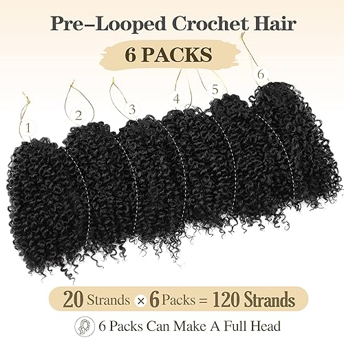 Miniatura 2 de 6 paquetes de cabello rizado de ganchillo de 8 pulgadas, 120 hebras, trenzas cortas de ganchillo preenlazadas para mujeres negras (6 paquetes, 1B)