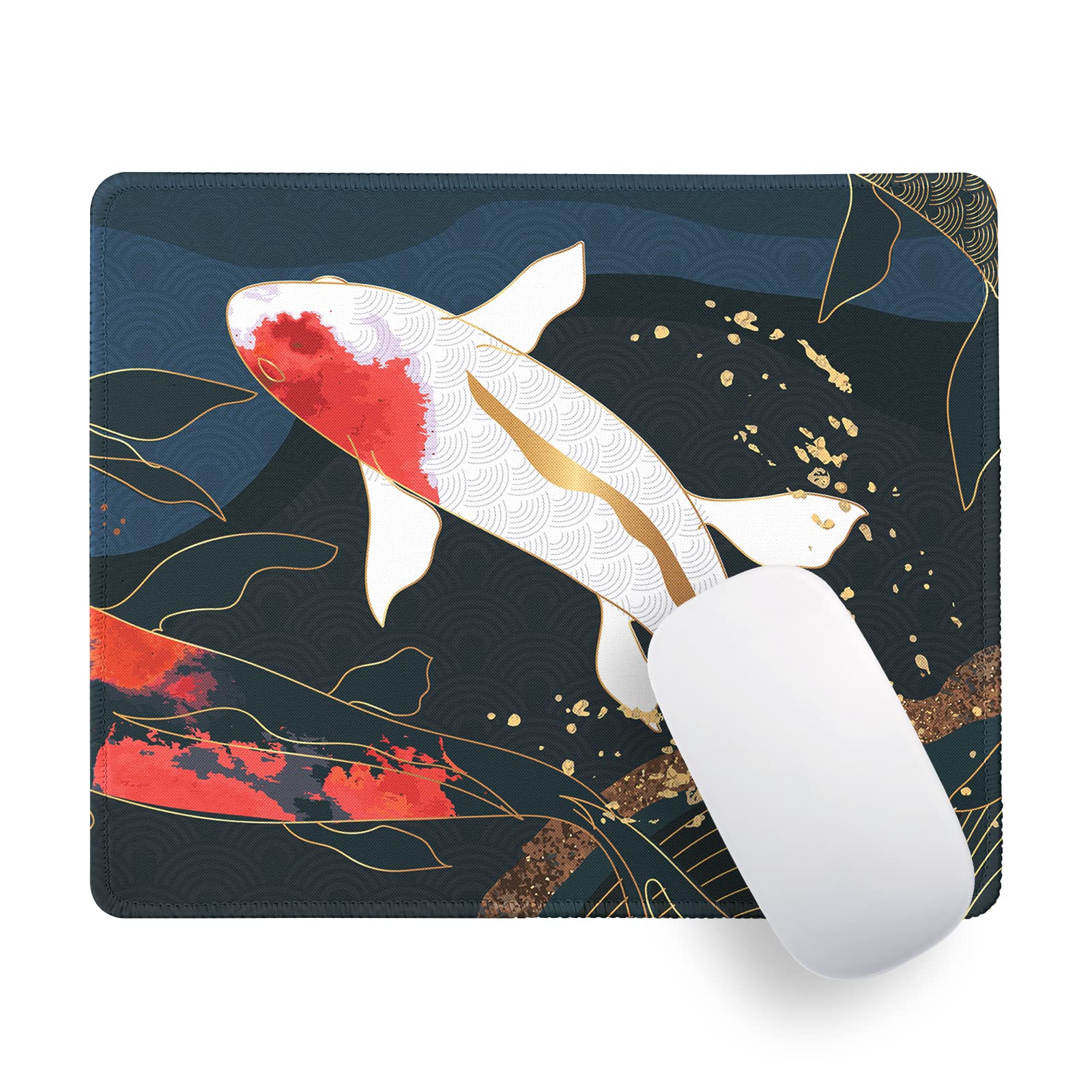 Koi Fish Mouse Pad Gaming Mouse Pad for Wireless Mouse Japanese Large Mousepads for Desk Non-Slip Rubber Base 10.2×8.3×0.12 Inch Small Desk Pad with Stitched Edge Laptop Cute Mouse Mat Home Office