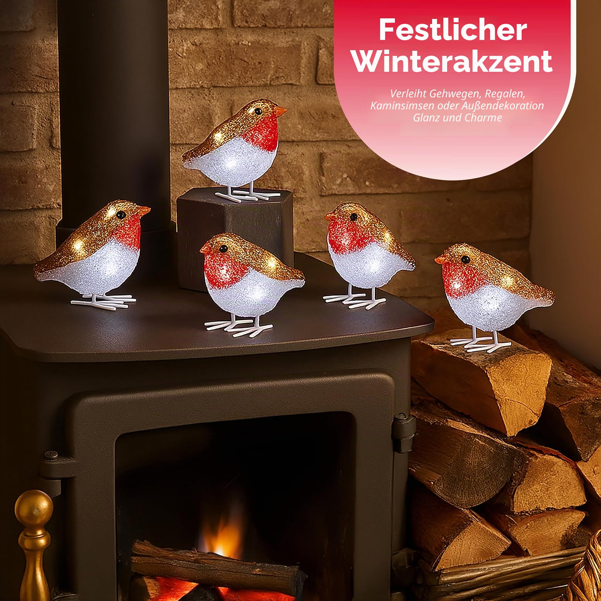 Marco Paul LED-Lichterkette mit Rotkehlchen-Motiv, batteriebetrieben, mit Auto-Timer, für Innen- und Außenbereich, festliche Weihnachtsvogel-Ornamente, saisonale Heimdekoration, 5 Stück