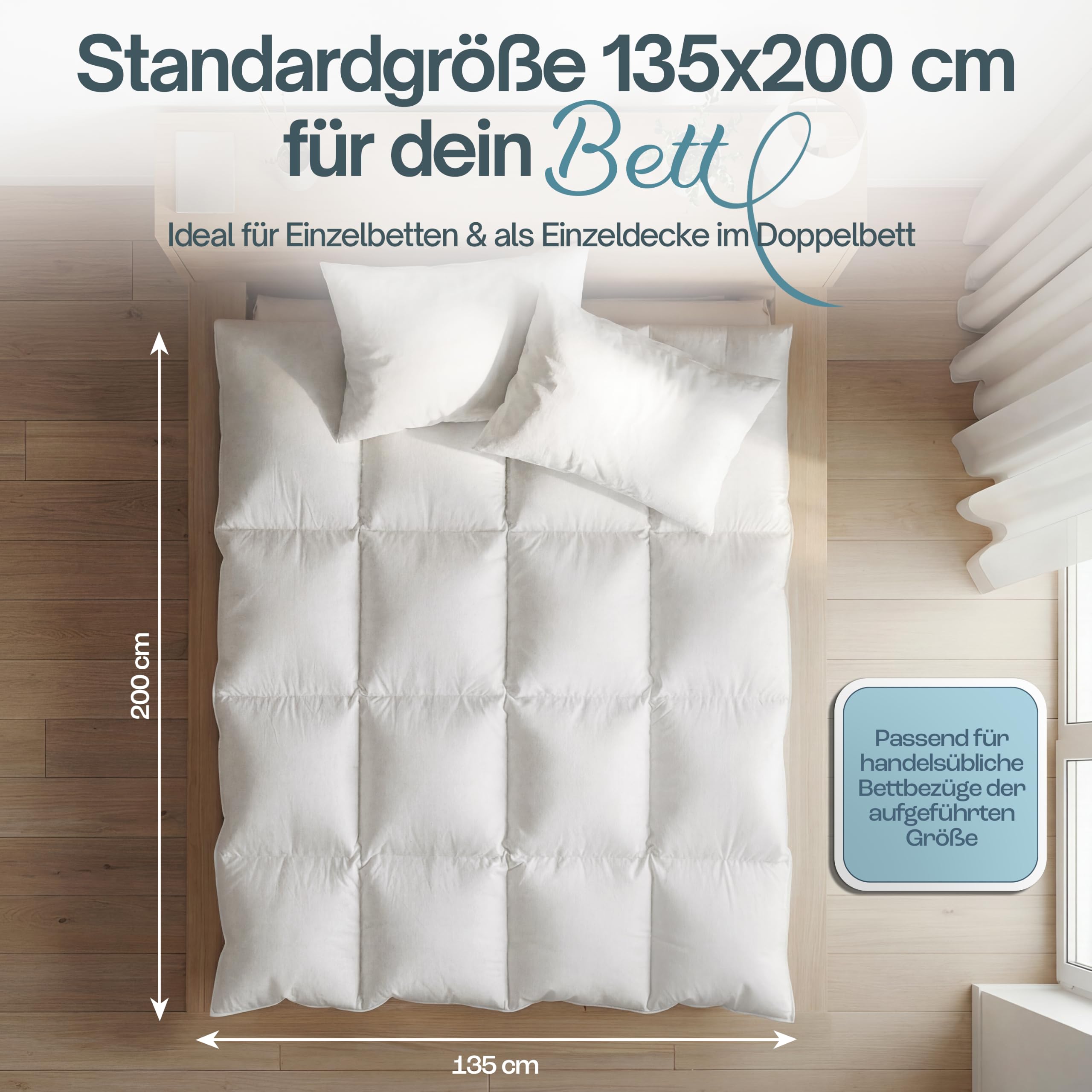 Daunendecke 135x200 Ganzjahresdecke Bettdecke Duvet | Mit 100% Daunen & Federn, 100% Baumwollbezug, Oeko-Tex geprüft, atmungsaktiv & allergikerfreundlich, DE-zert.