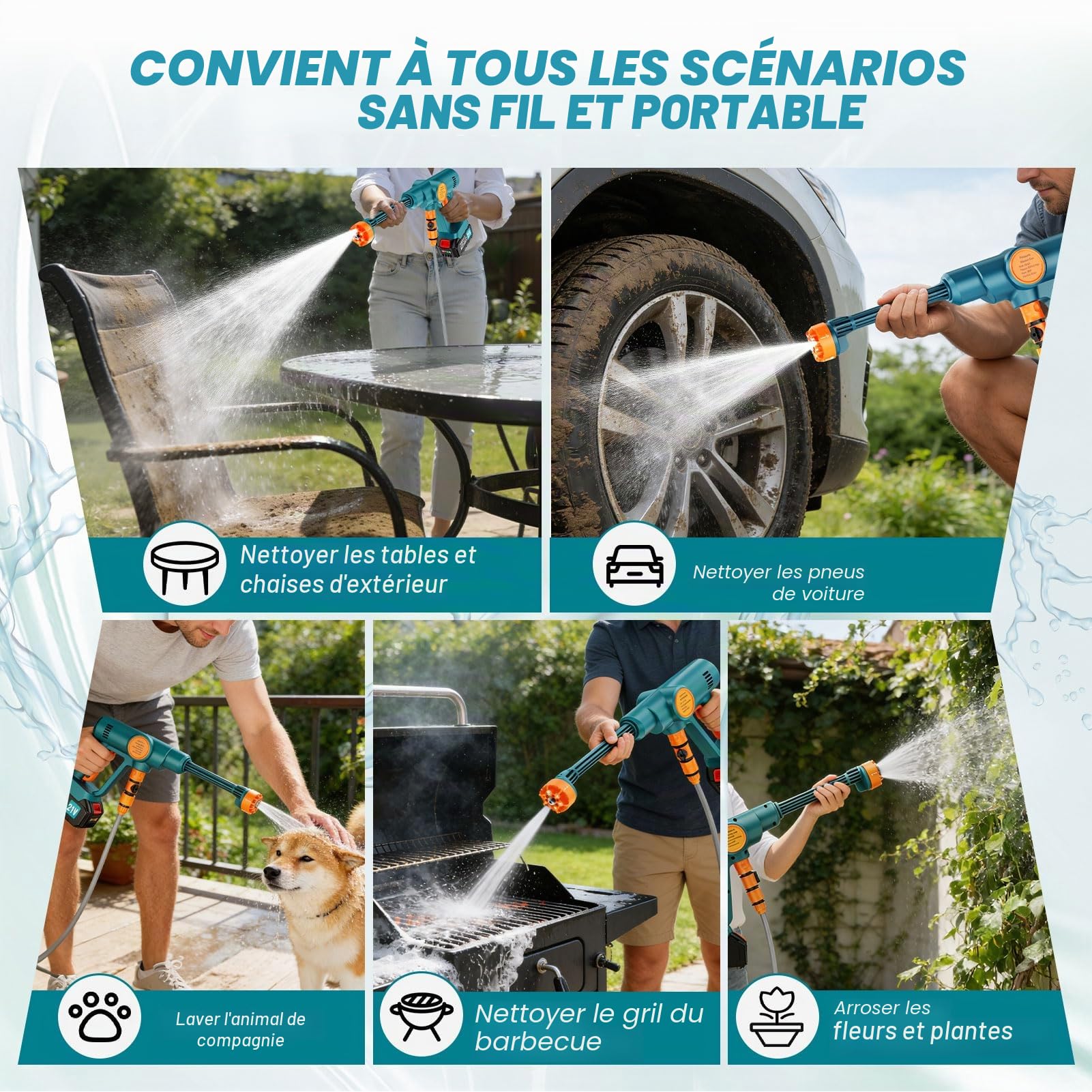 Nettoyeur Haute Pression sans Fil,Nettoyeur Haute Pression Portable avec 2 Batteries 3,0 Ah, Moteur sans Balais,Tuyau de 5 M,Buse 6 en 1 Nettoyeur Haute Pression pour Voiture, Jardin, Terrasse, Maison