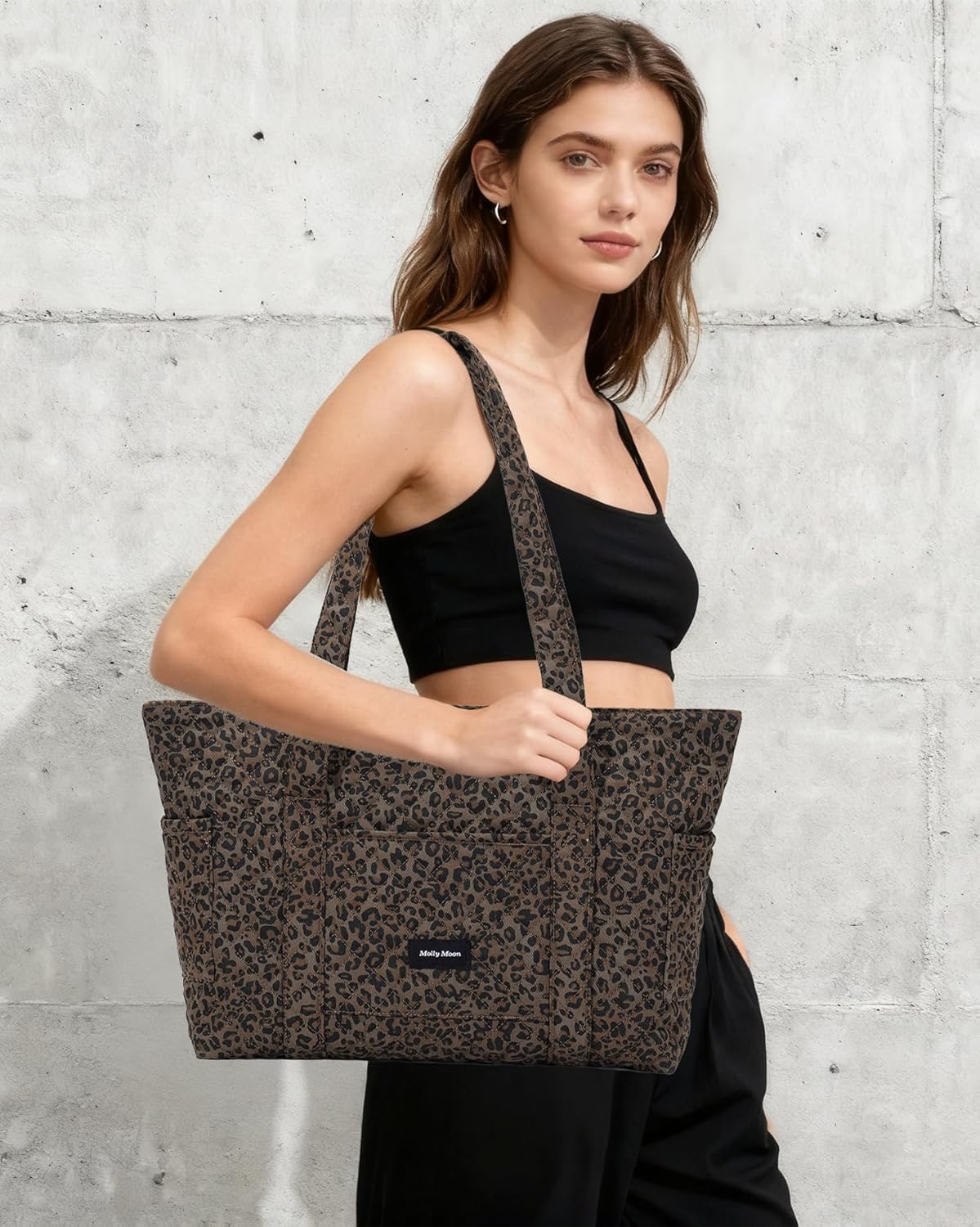 Molly Moon Quilted Leopard Tote Bag for Women, Cheetah Tote Bag with Zipper & Wet Pockets, Leopard Print Quilted Cotton Shoulder Bag for College Travel Gym, Women's Gifts for Sister Teachers Moms - Image 8