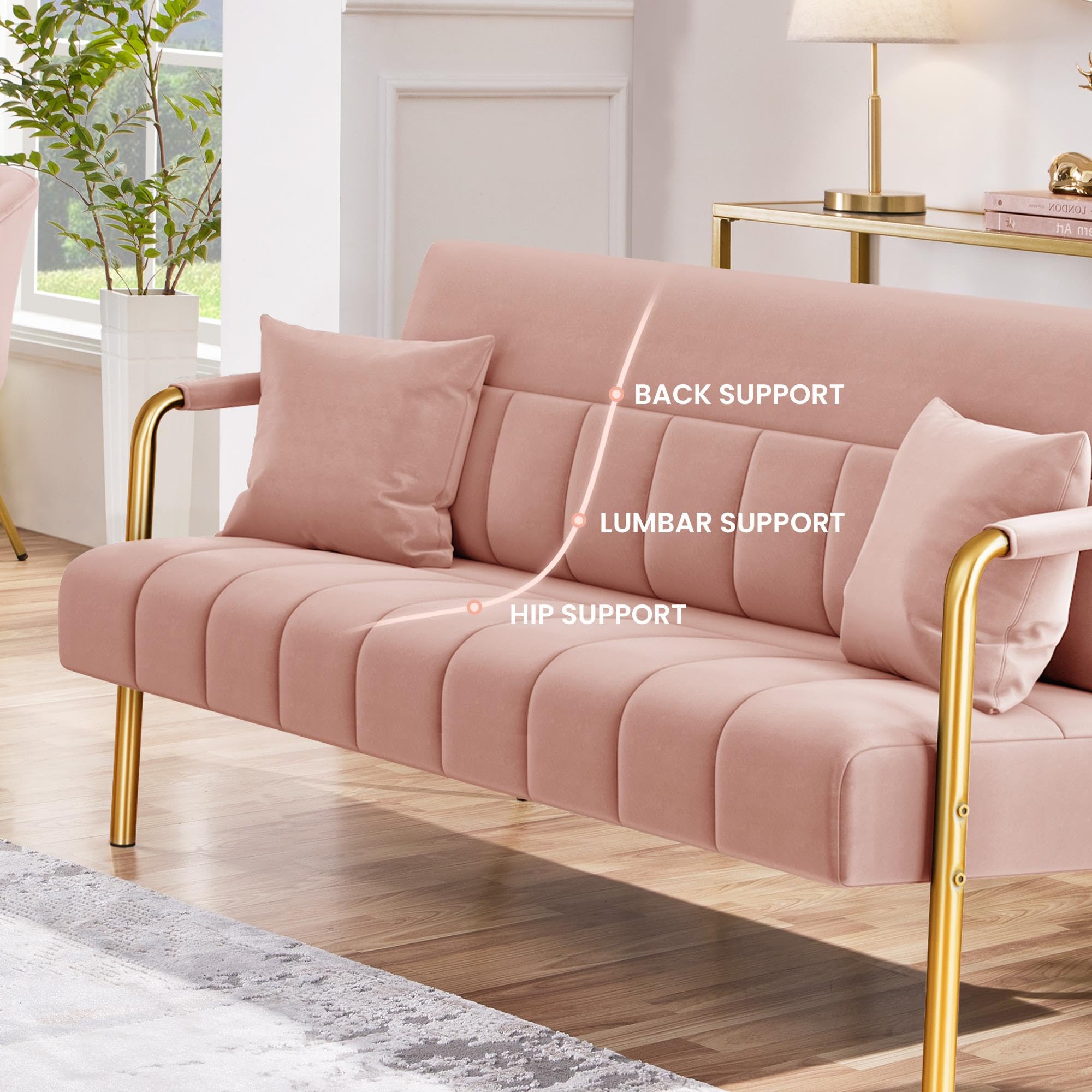 Yaheetech 56.5" Smal Sofa 2 Seater Couch with Gold-Tone Legs, Pink | Small Sofa Loveseat Velve 2 Seater Couch with Tufted Back Gold Metal Frame 2 Pillows for Office, Studio,Living Room