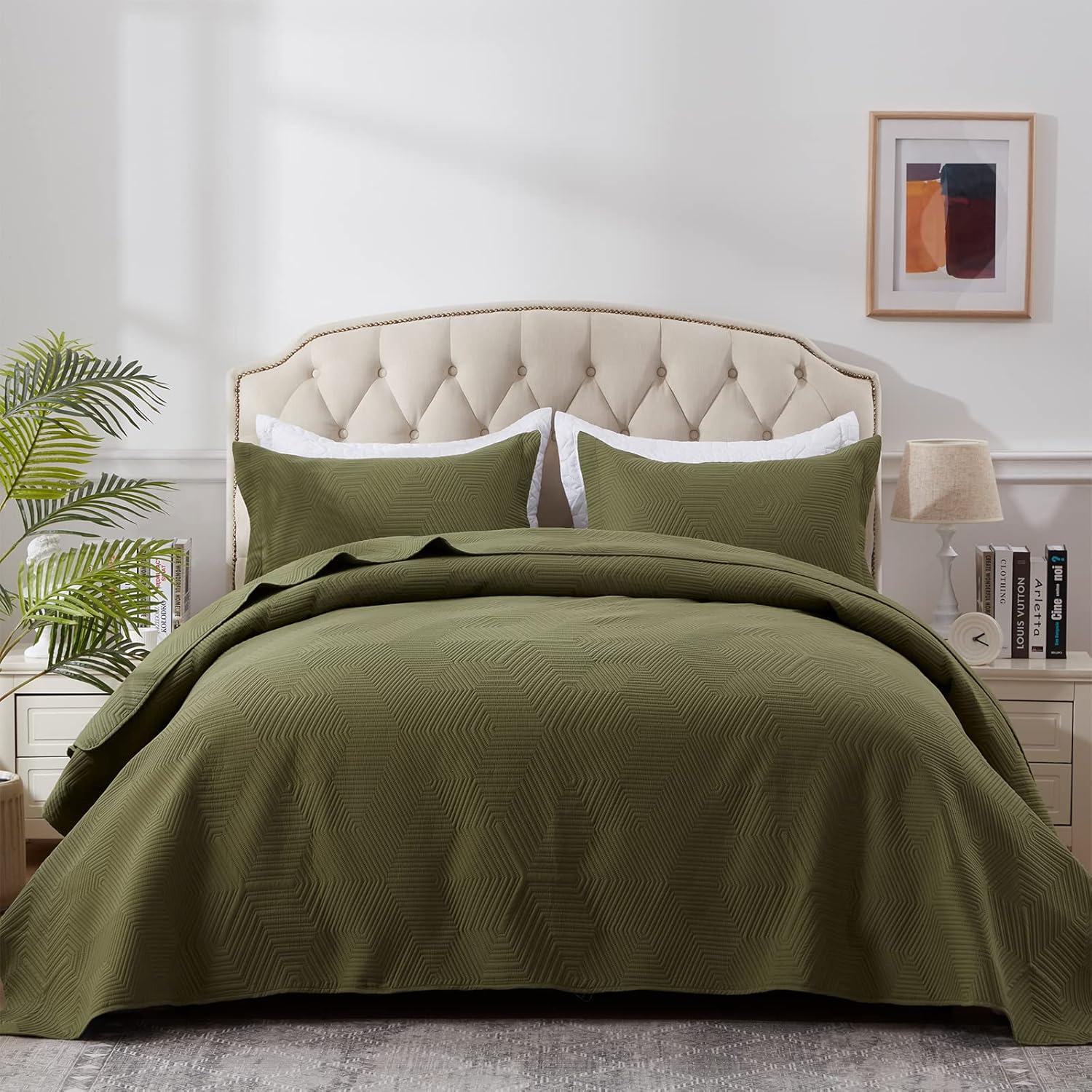 SunStyle Home Queen Size Quilt Bedding Set Square Pattern Quilt Lightweight Soft Bedspread Modern Dot Coverlet Set for All Seasons Olive Green, 3 Pieces (1 Quilt, 2 Pillow Shams)