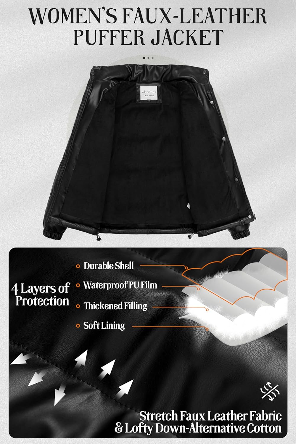 Chrisuno Women's Short Faux-Leather Puffer Jacket Fleece Lined Vegan Leather Winter Coat Waterproof Bubble Jackets - Image 3