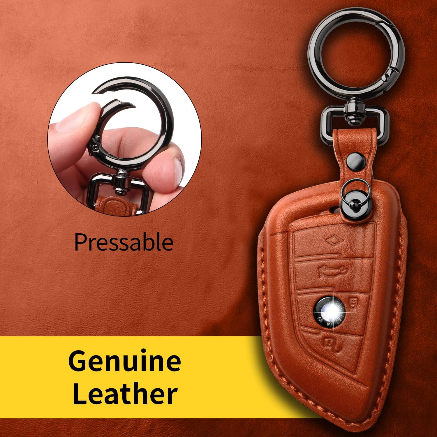 Tukellen for BMW Genuine Leather Key Fob Cover with Keychain Shell for 230i 330i 430i 440i 530e 530i 540i 740i 745e 750i M2 M235i M240i M3 M340i M4 X1 X2 X3 X4 X5 X6 X7-Brown - Image 3