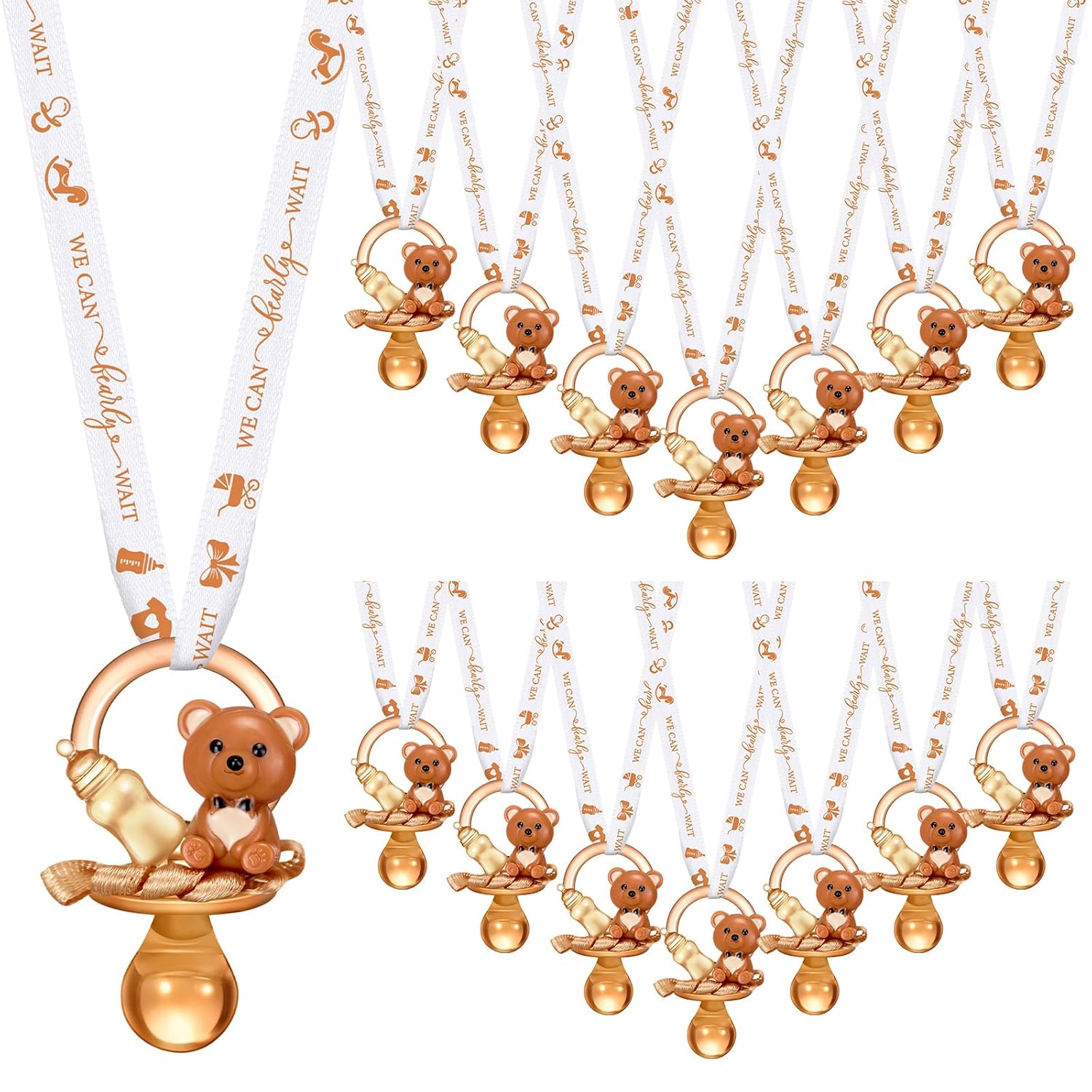 Coume 60 Pcs Shower Party Pacifiers Necklace Bear Bottle Acrylic Pacifiers Charm Pacifier Chain for Guests Gender Reveal Party Favors Prize Table Scatter (White,Brown,Elegant)