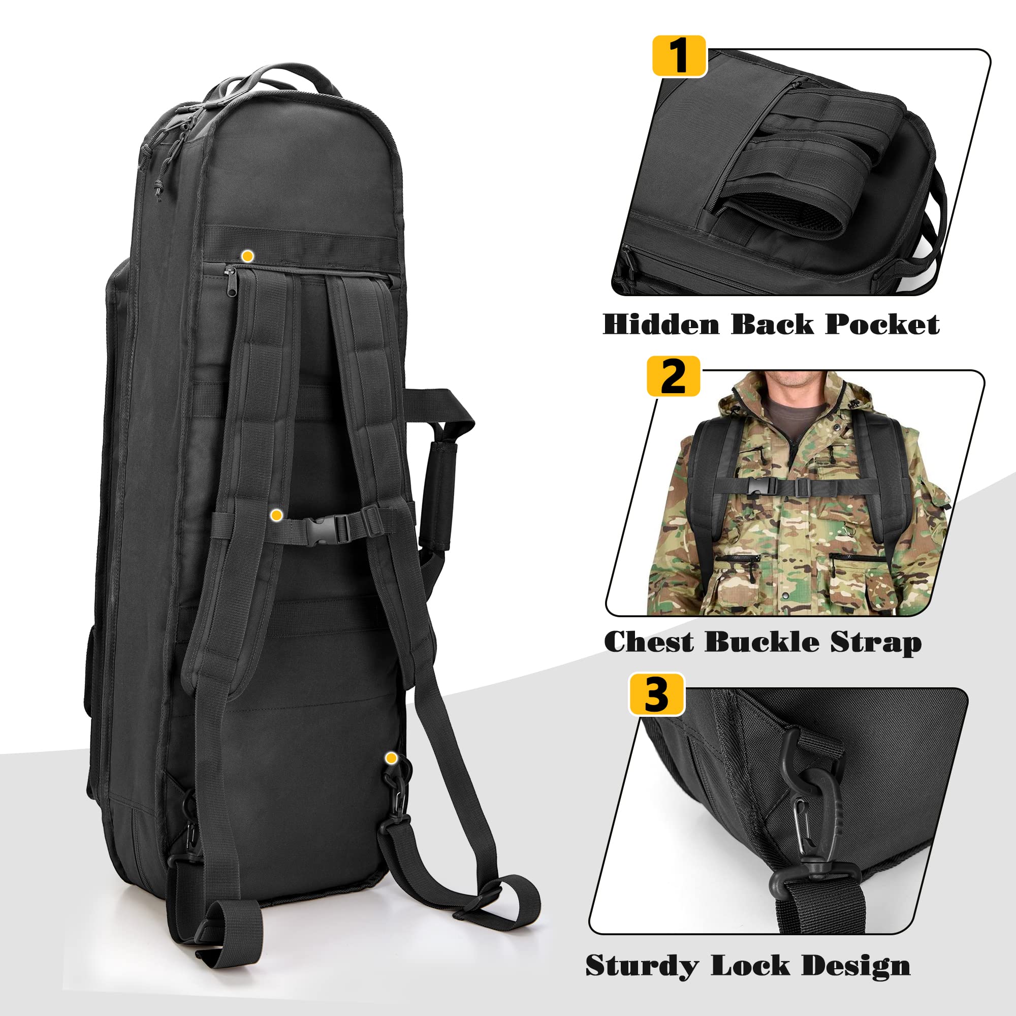 GOBUROS Tactical Rifle Bag Rucksack für 81CM Gewehre, weicher Gewehrkoffer mit 3 Magazinhaltern, gepolsterten Schultergurten, abschließbarem Reißverschluss und Molle-System für Jagd und Schießen