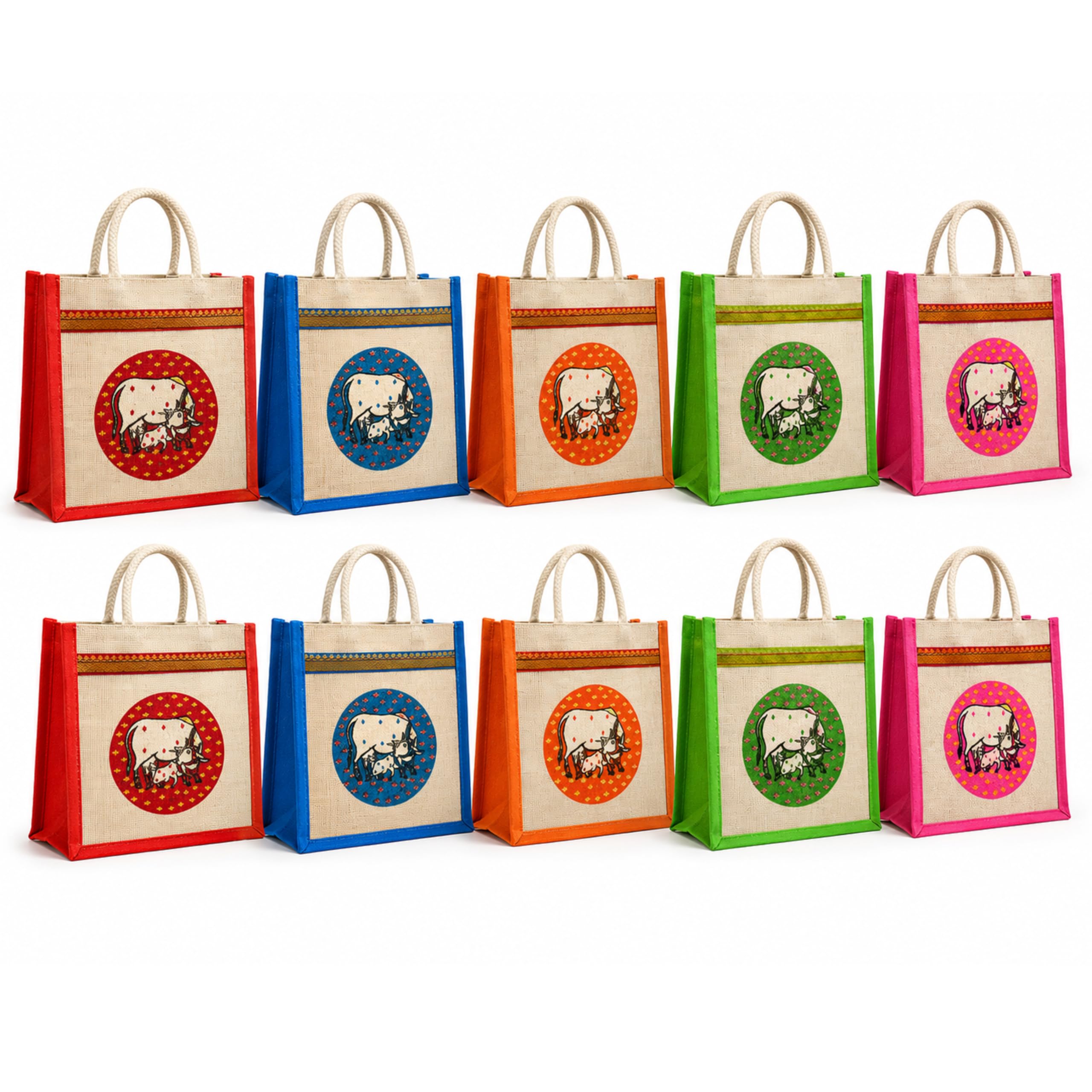 cantainoo Jute Bags for Return Gifts | Return Gift Bags | Eco-Friendly Reusable Jute Bags for Gifting, Shopping & Daily Use (10, Traditional Cow Print)