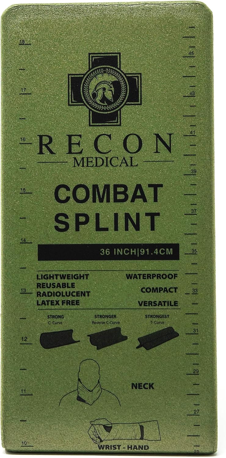 Combat Splint- (Olive Green) Recon Medical Combat Splint 36 inches Lightweight Reusable Waterproof First Aid Medical Tactical Registration Card! (1 Pack) (Flat Packaging 4.25inchsX9inches)