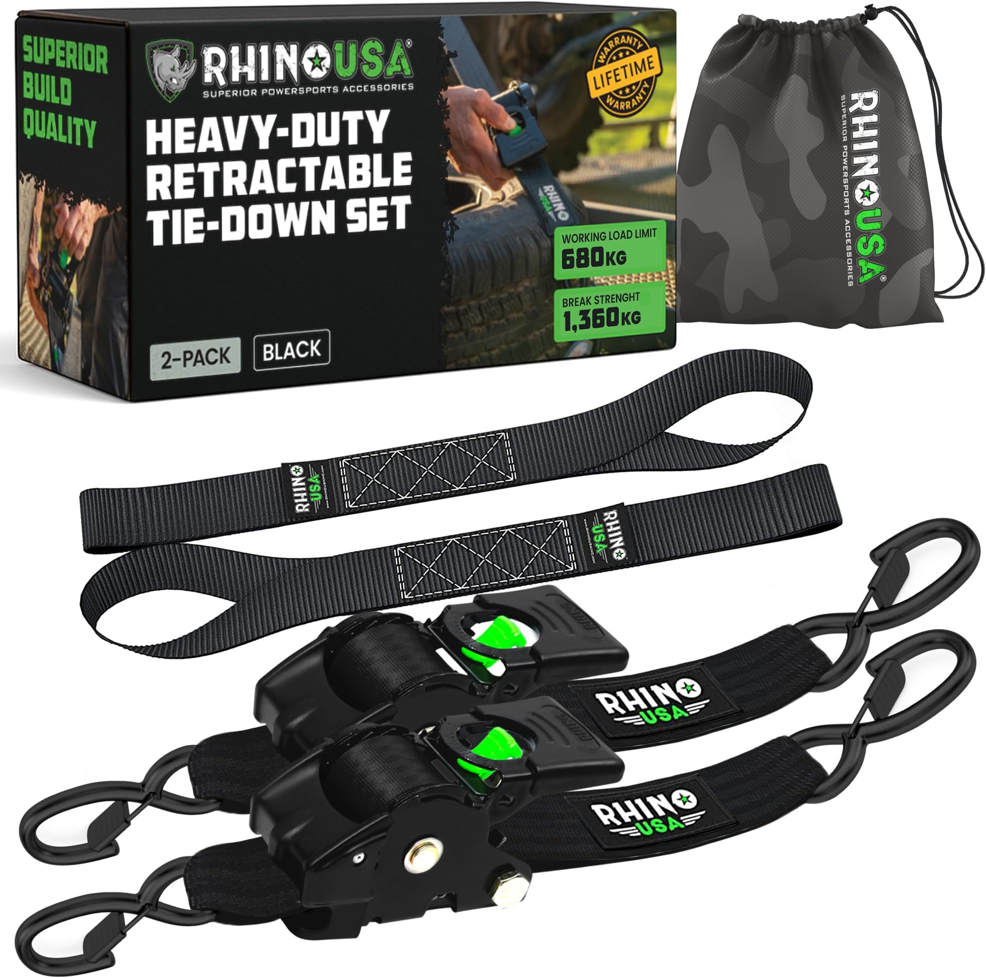 Rhino USA Retractable Ratchet Straps (2-Pack) - 5cm x 3m (1,360kg Break Strength) - Heavy Duty Auto Self-Retracting Tie Down Straps for Truck, Cargo Trailer, Motorcycle, Bike & More - Black