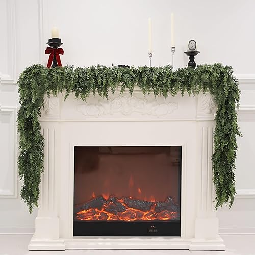 Miniatura 10 de Guirnalda de Cedro de Navidad de 9 Pies Artificial de Tacto Real con Grosor Realista Follaje Verde Guirnalda de Pino para Repisa de Chimenea